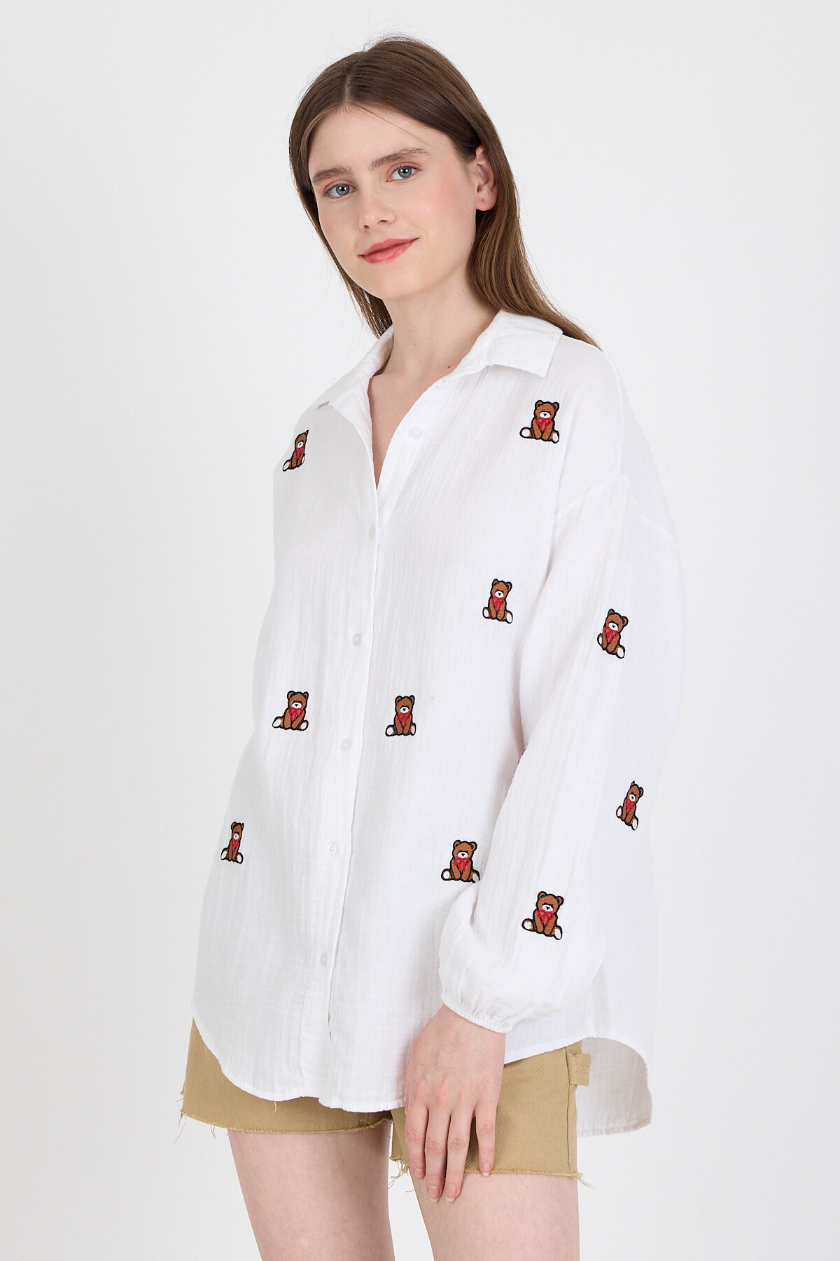 Beyaz Keten Görünümlü %100 Pamuk Ayıcık Nakışlı Gömlek 4798A - RAYS