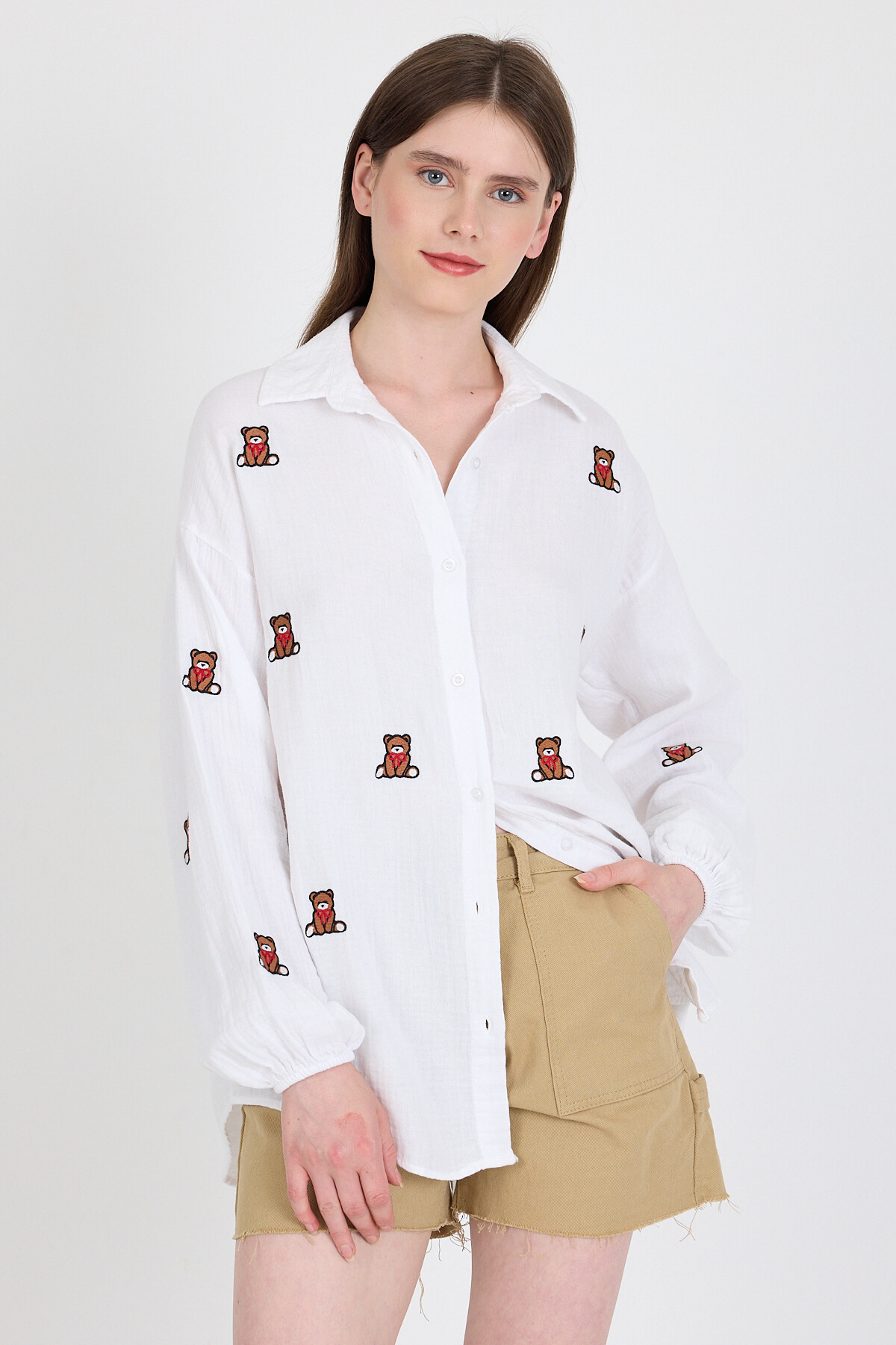 Beyaz Keten Görünümlü %100 Pamuk Ayıcık Nakışlı Gömlek 4798A - RAYS