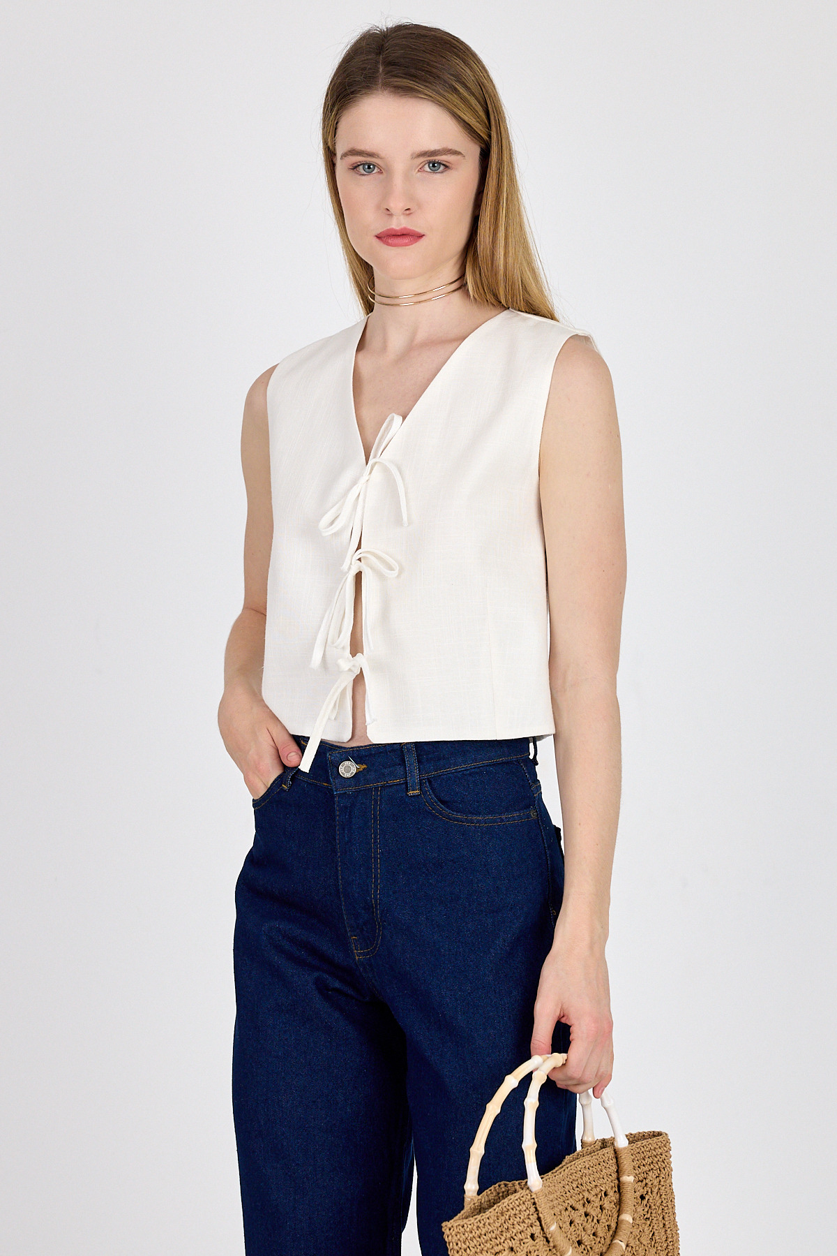 Beyaz Keten Görünümlü %100 Pamuk Bağlama Detaylı Yelek 3853 - 7