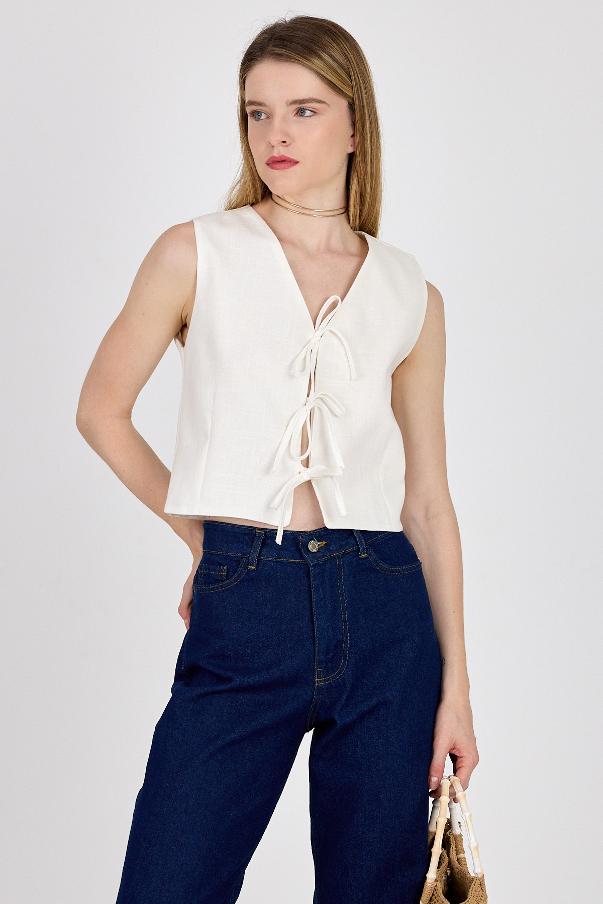 Beyaz Keten Görünümlü %100 Pamuk Bağlama Detaylı Yelek 3853 - 2