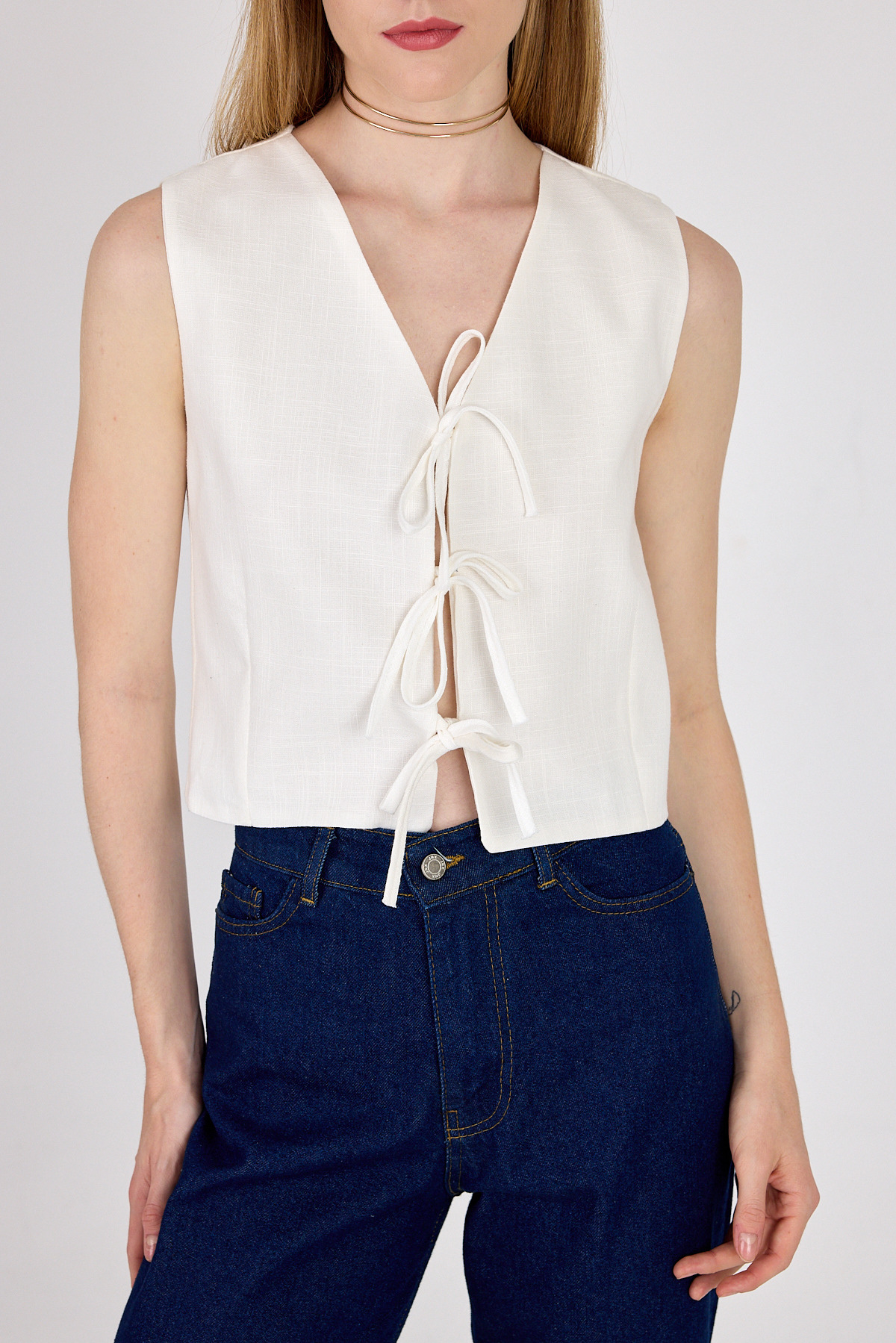 Beyaz Keten Görünümlü %100 Pamuk Bağlama Detaylı Yelek 3853 - 6