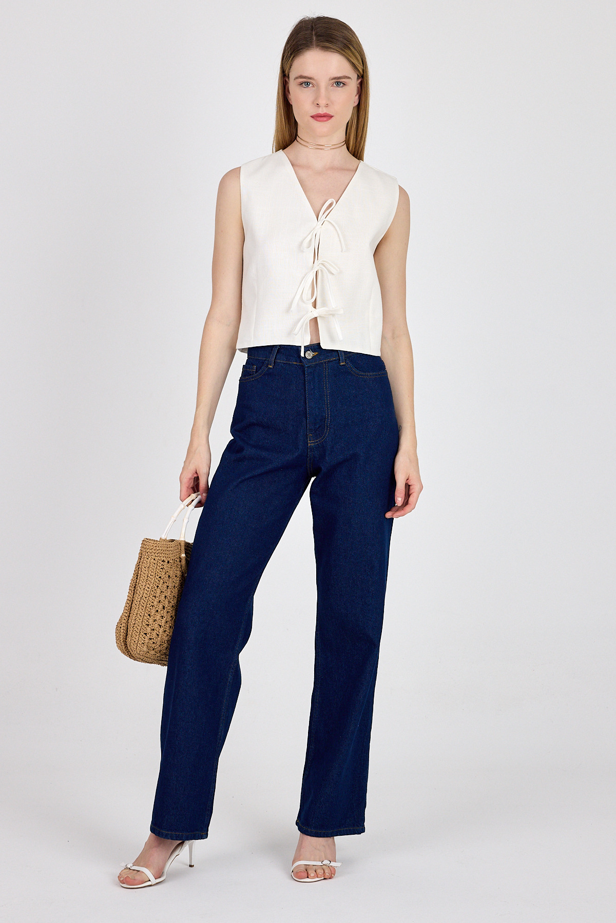 Beyaz Keten Görünümlü %100 Pamuk Bağlama Detaylı Yelek 3853 - 3