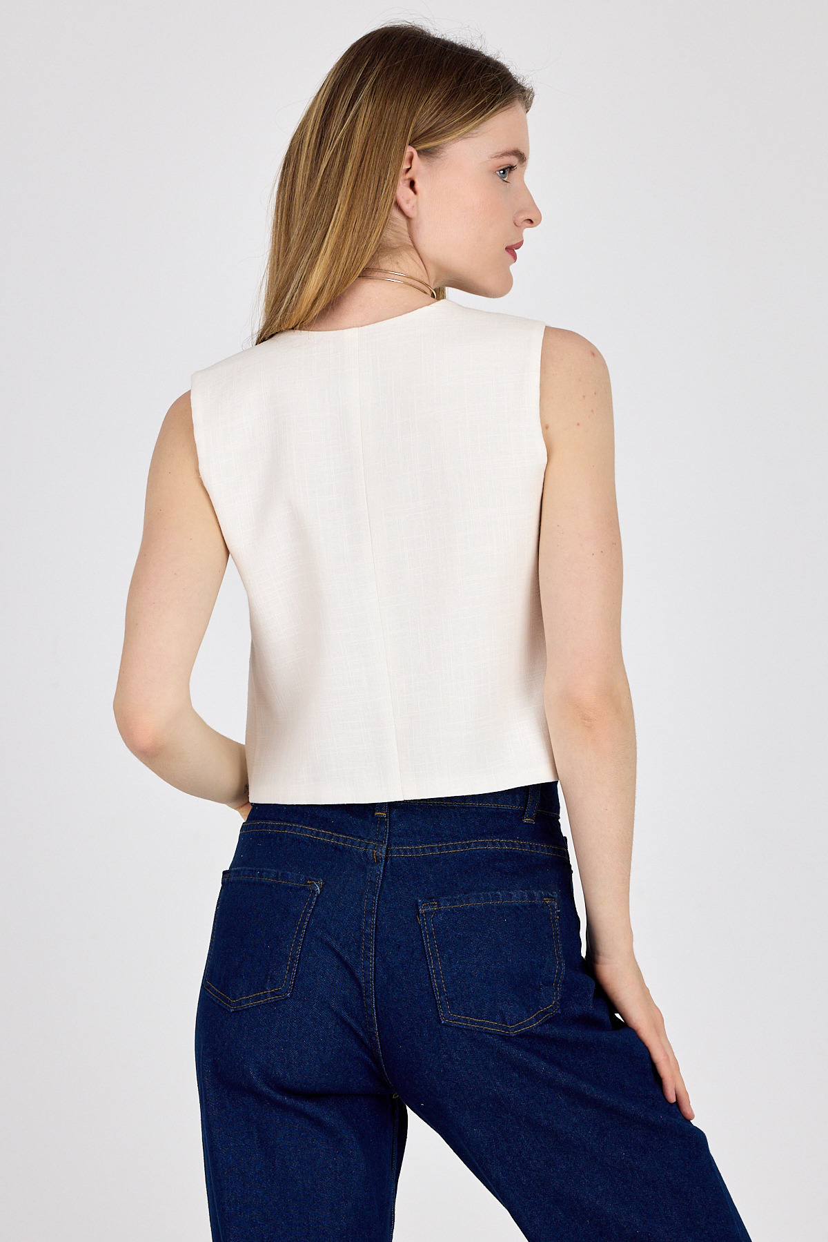 Beyaz Keten Görünümlü %100 Pamuk Bağlama Detaylı Yelek 3853 - 5