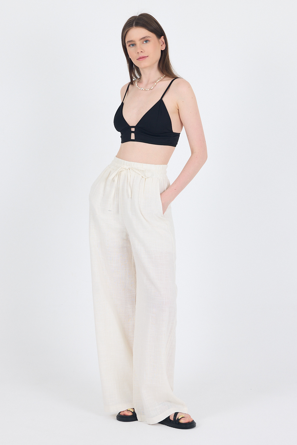 Beyaz Keten Görünümlü %100 Pamuk Bol Paça Pantolon 3040 - RAYS