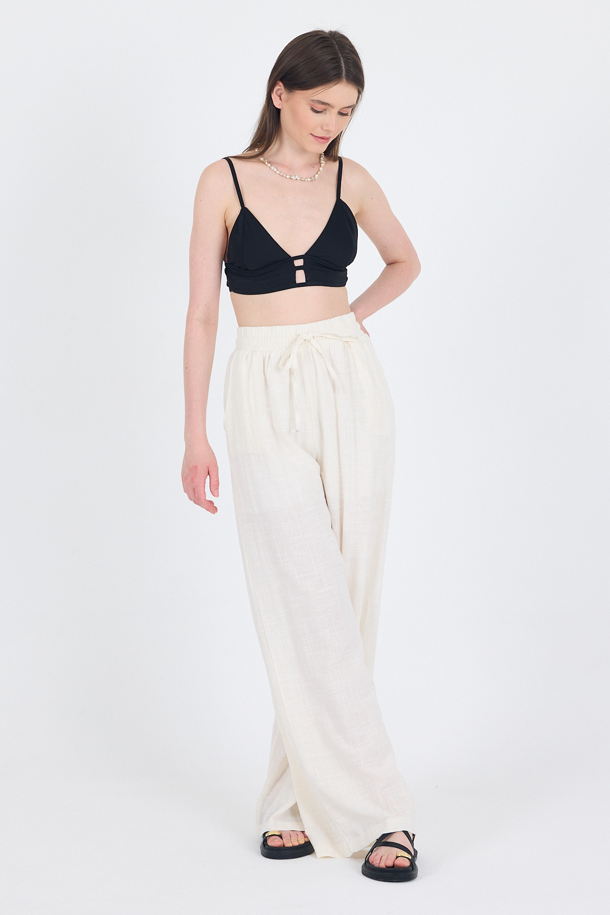 Beyaz Keten Görünümlü %100 Pamuk Bol Paça Pantolon 3040 - RAYS