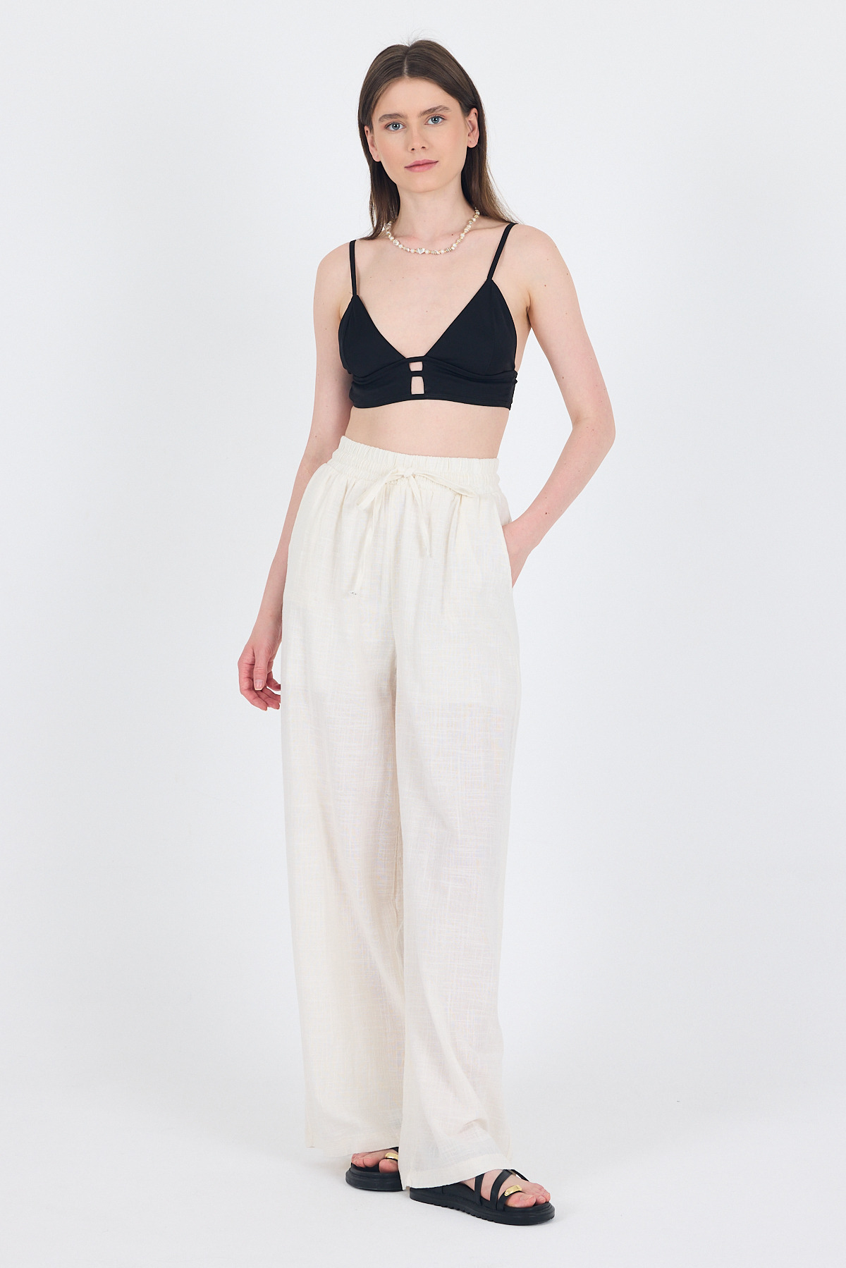 Beyaz Keten Görünümlü %100 Pamuk Bol Paça Pantolon 3040 - RAYS