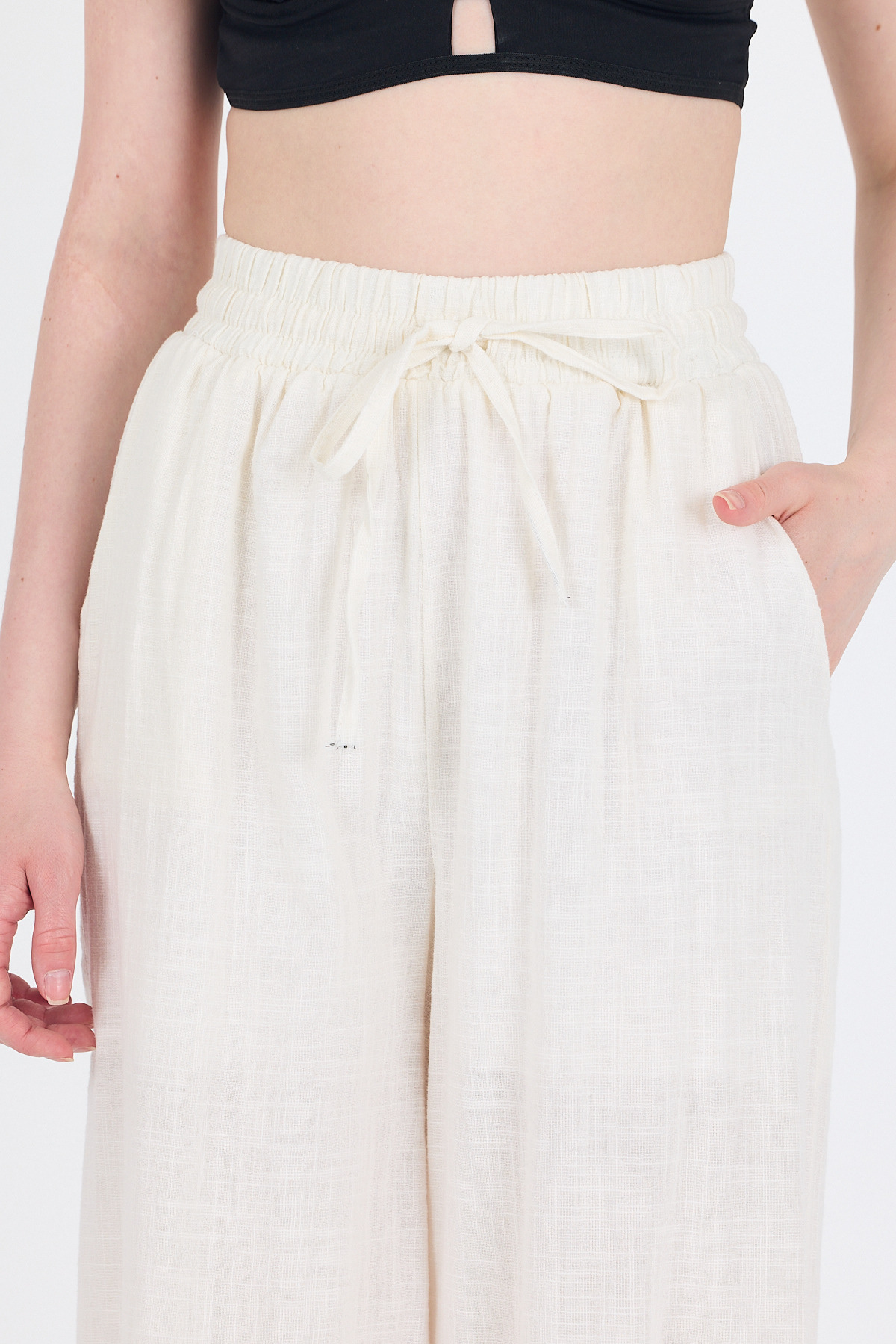 Beyaz Keten Görünümlü %100 Pamuk Bol Paça Pantolon 3040 - RAYS