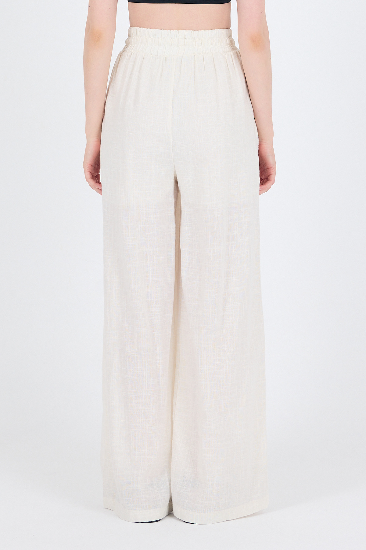 Beyaz Keten Görünümlü %100 Pamuk Bol Paça Pantolon 3040 - 5