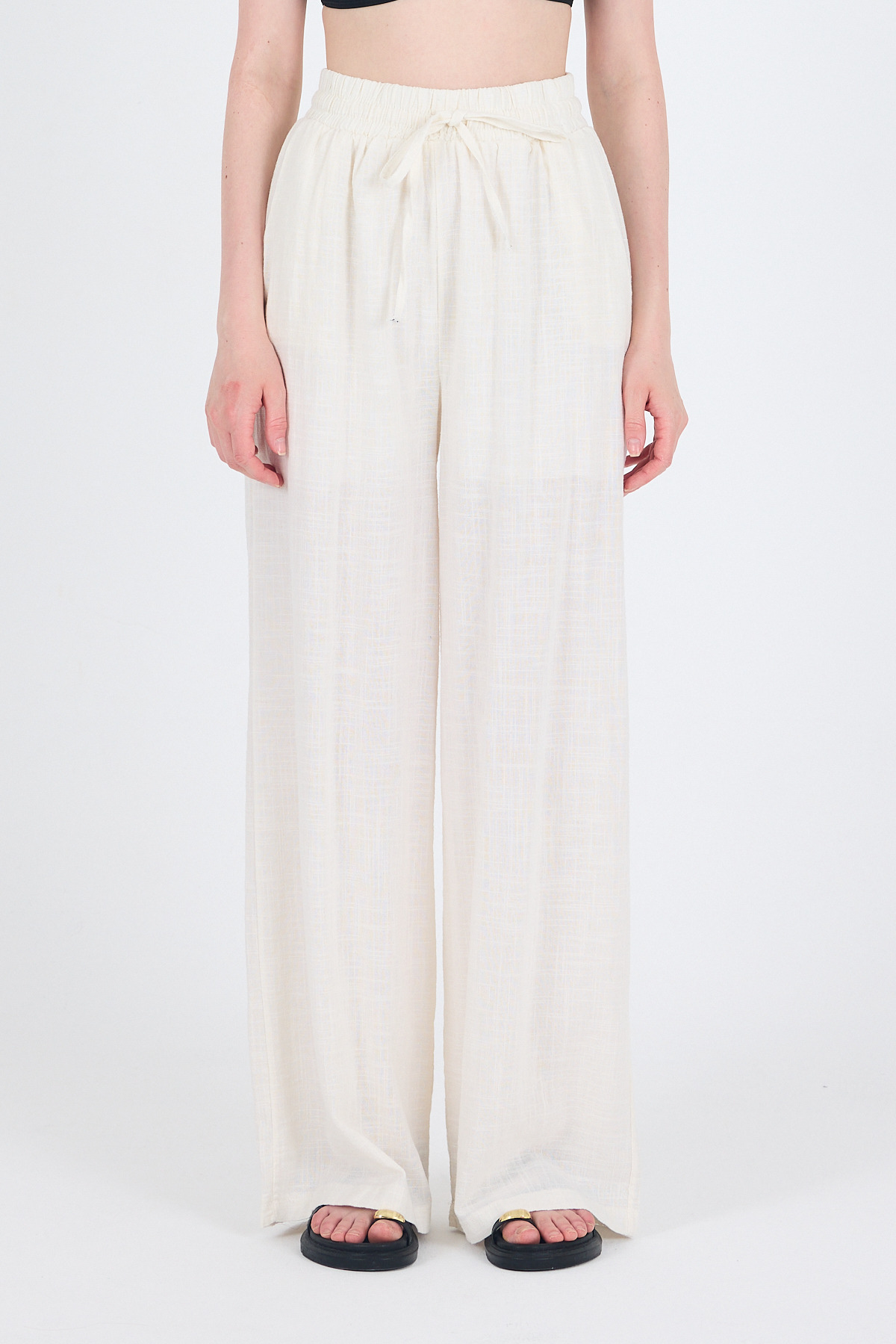 Beyaz Keten Görünümlü %100 Pamuk Bol Paça Pantolon 3040 - 6