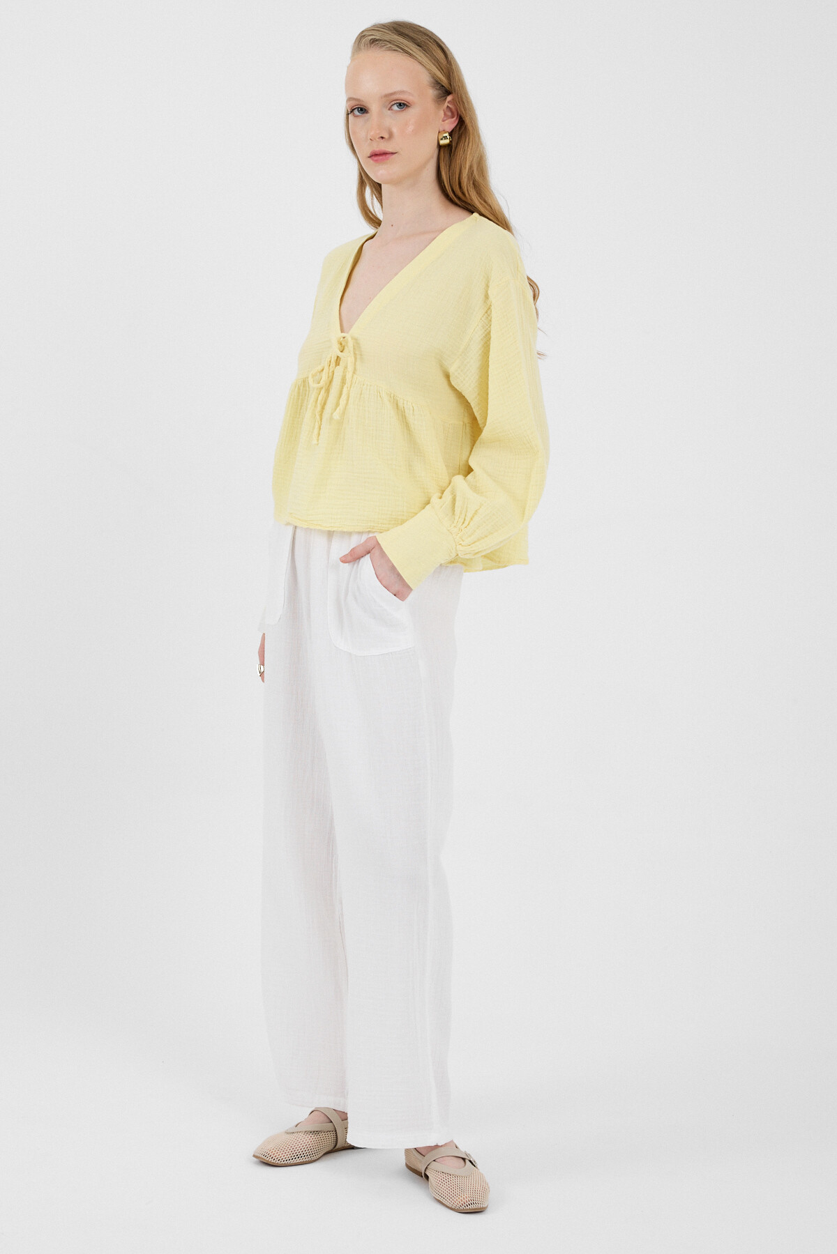 Beyaz Keten Görünümlü %100 Pamuk Cepli Bol Paça Pantolon 8054A - 2