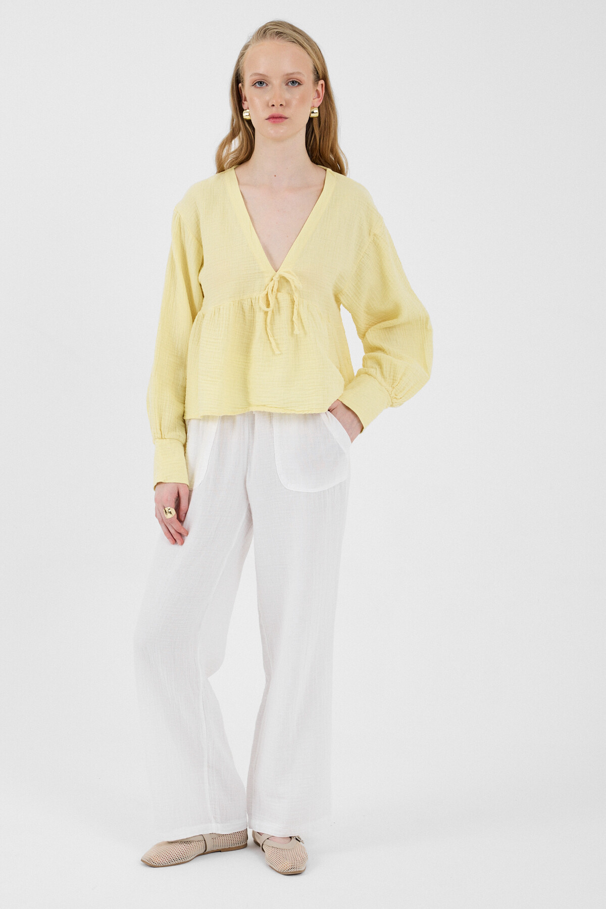 Beyaz Keten Görünümlü %100 Pamuk Cepli Bol Paça Pantolon 8054A - 1