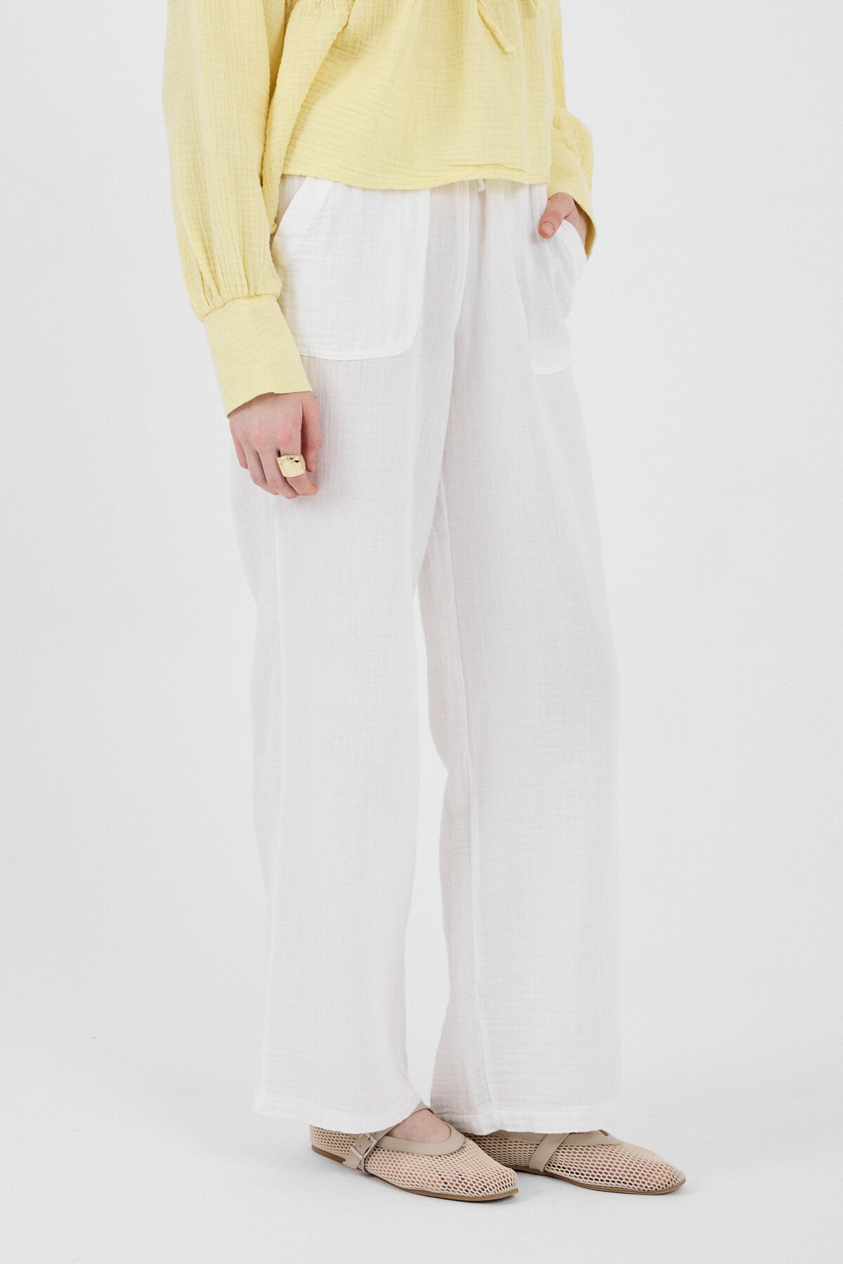 Beyaz Keten Görünümlü %100 Pamuk Cepli Bol Paça Pantolon 8054A - 3