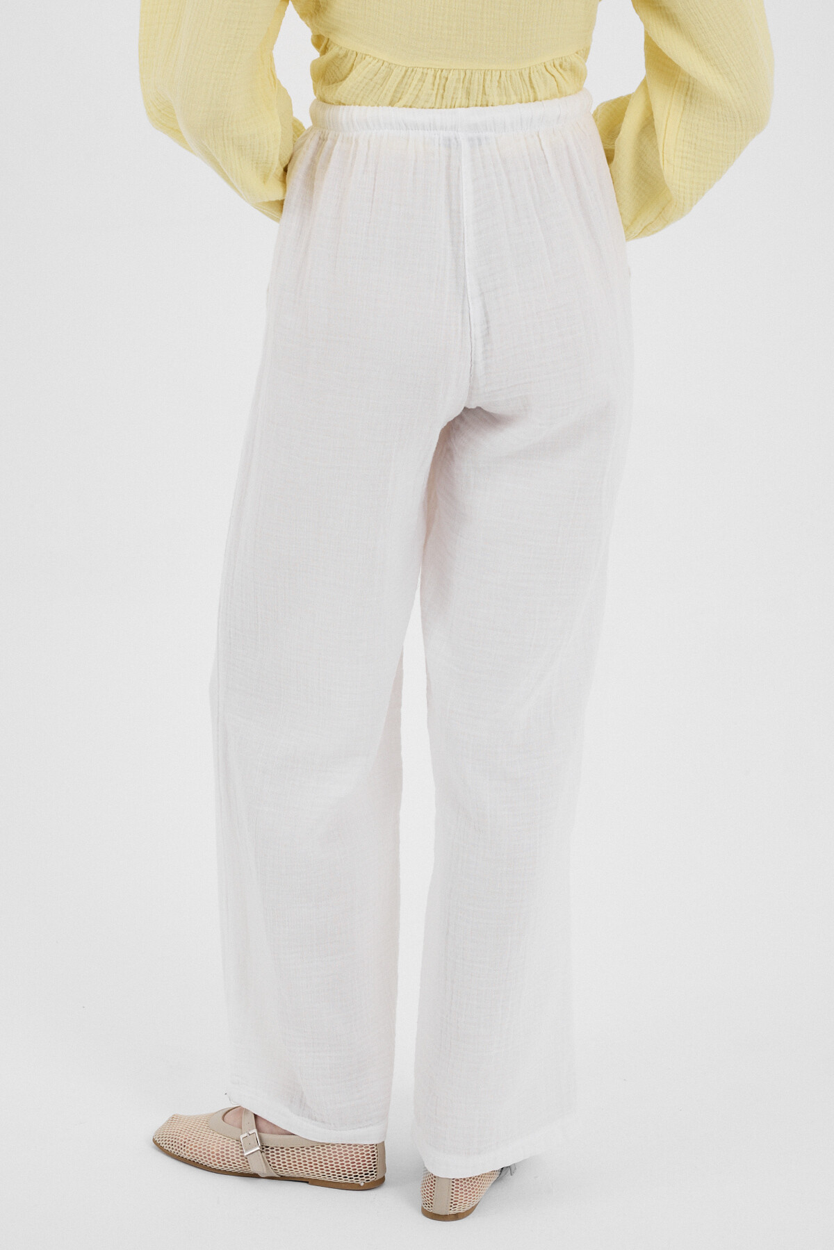 Beyaz Keten Görünümlü %100 Pamuk Cepli Bol Paça Pantolon 8054A - 5