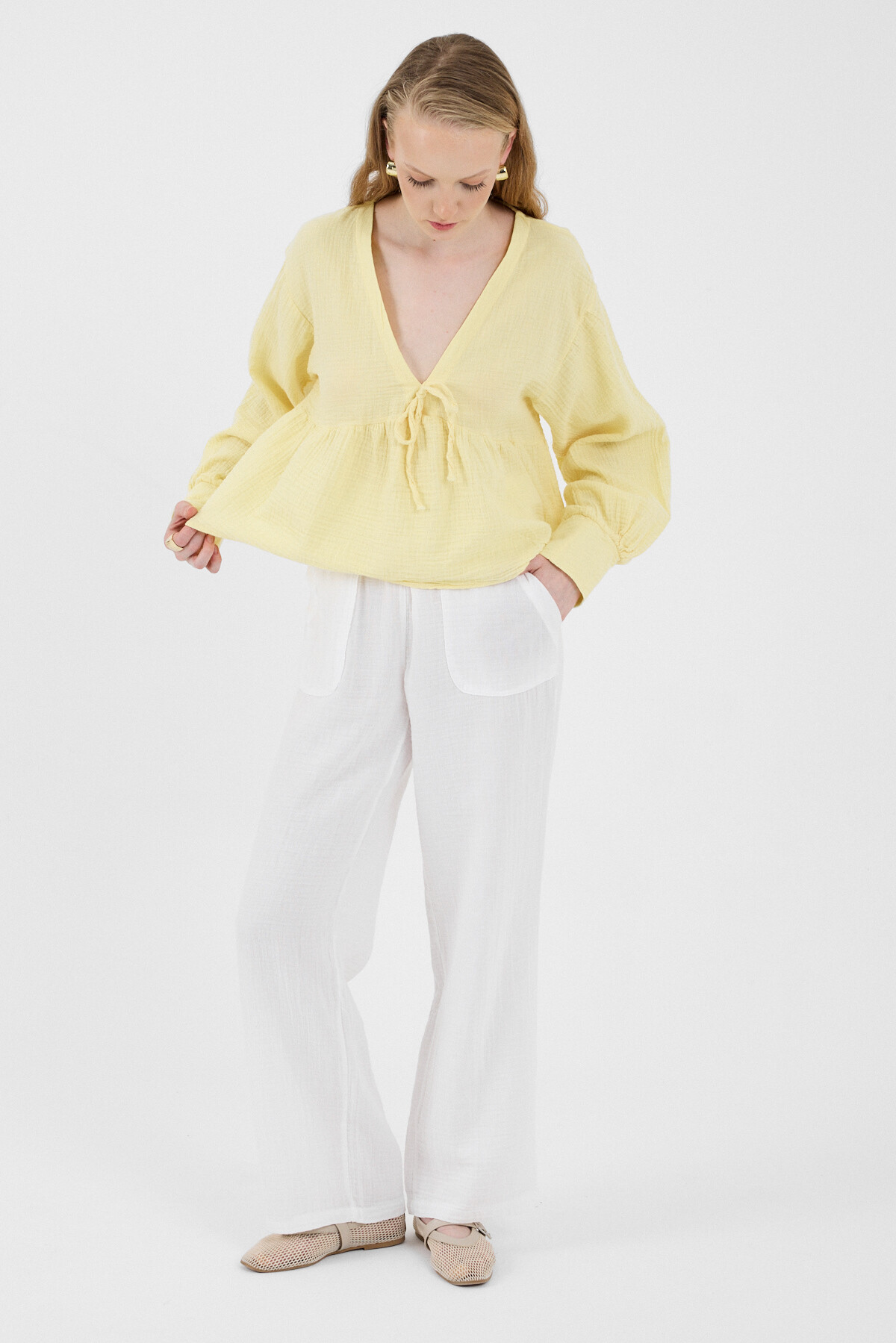 Beyaz Keten Görünümlü %100 Pamuk Cepli Bol Paça Pantolon 8054A - 7