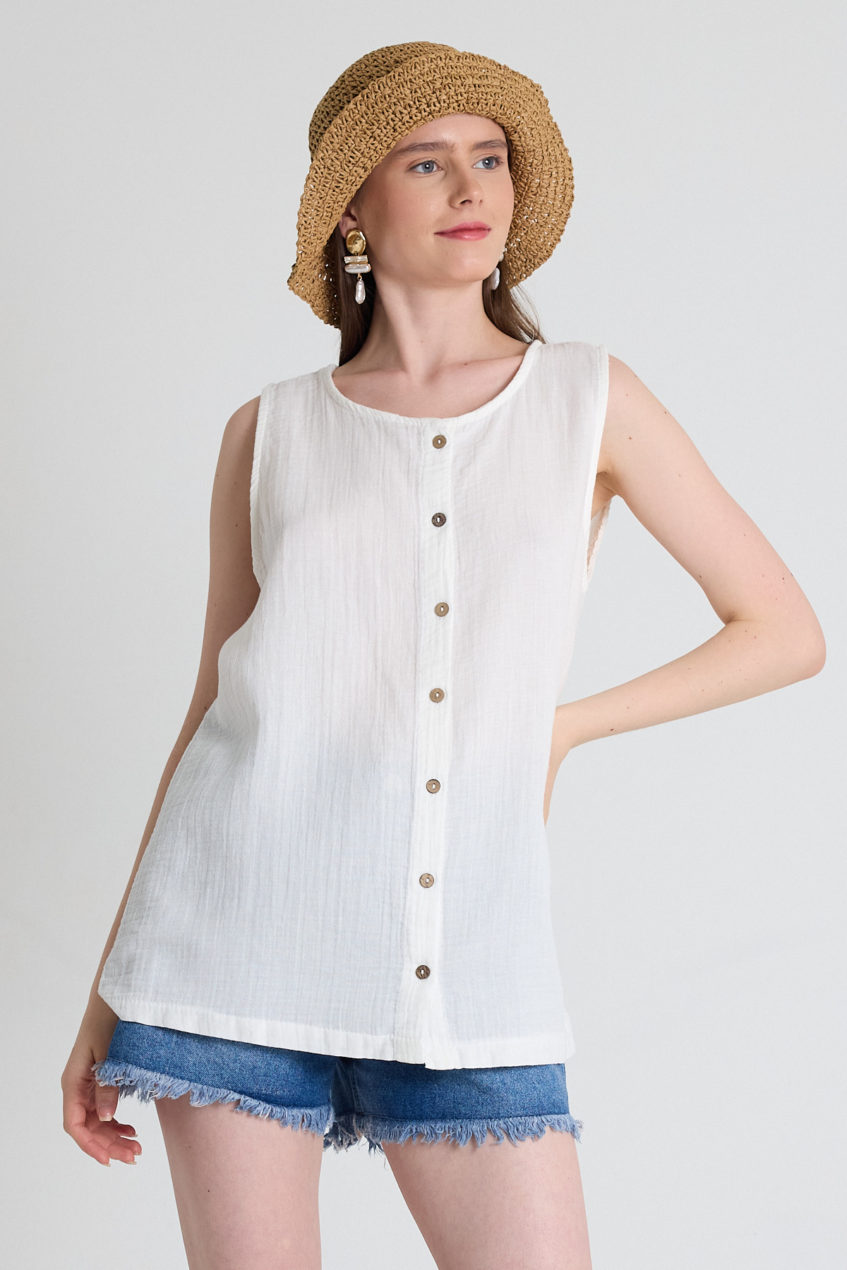 Beyaz Keten Görünümlü %100 Pamuk Düğmeli Kolsuz Bluz 4808A - 1