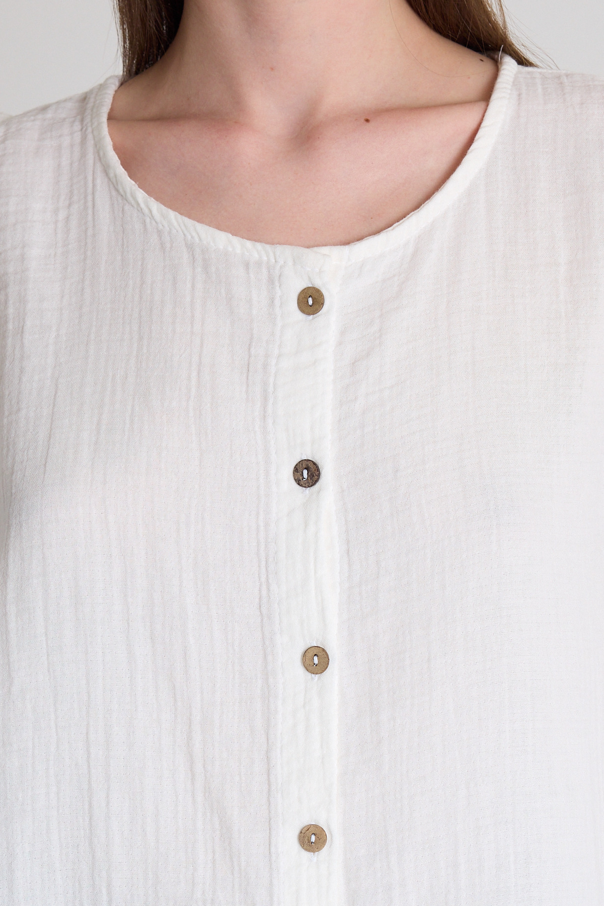 Beyaz Keten Görünümlü %100 Pamuk Düğmeli Kolsuz Bluz 4808A - 4