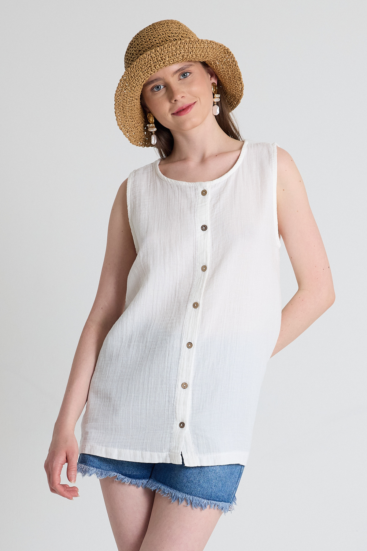 Beyaz Keten Görünümlü %100 Pamuk Düğmeli Kolsuz Bluz 4808A - 2