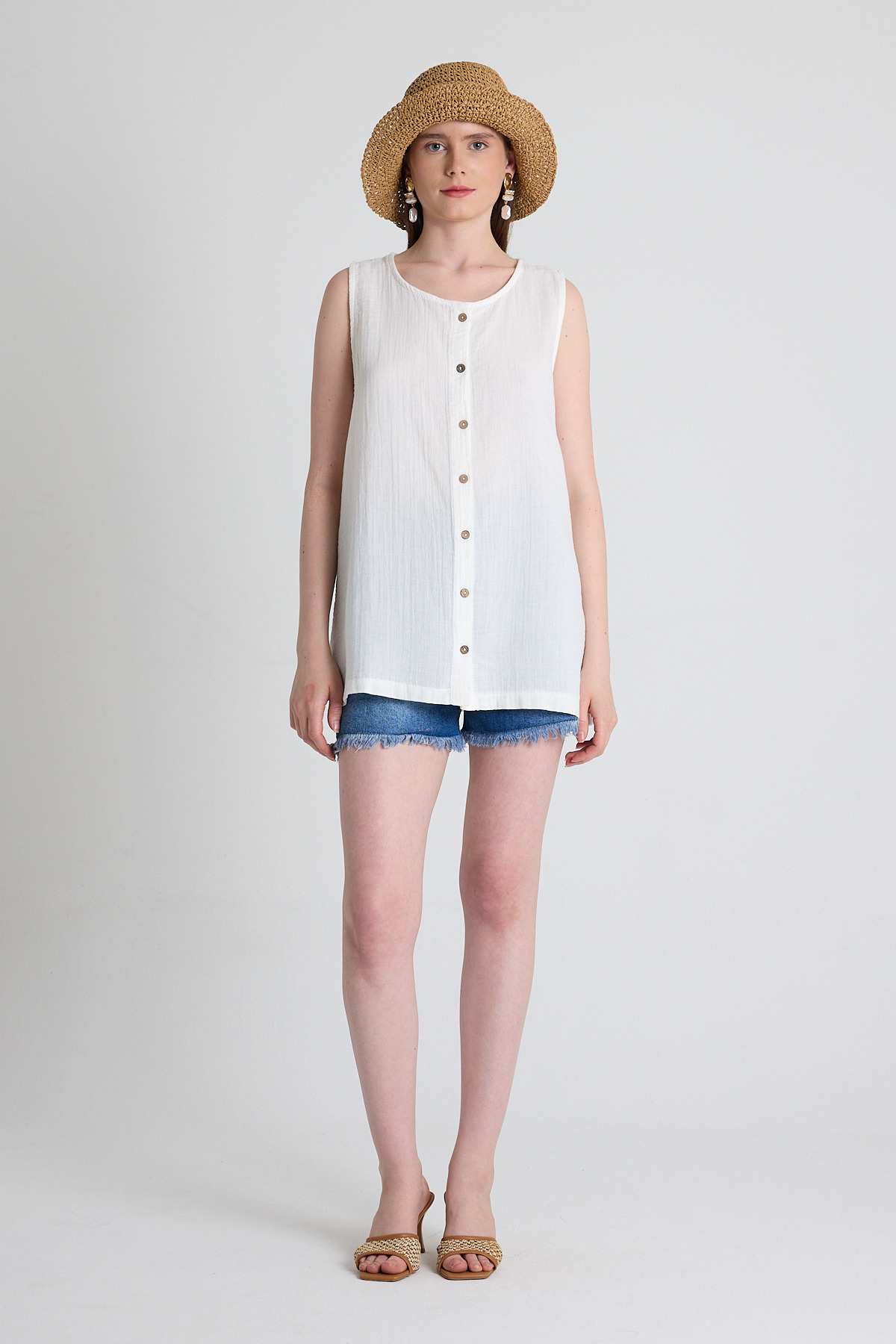 Beyaz Keten Görünümlü %100 Pamuk Düğmeli Kolsuz Bluz 4808A - 3