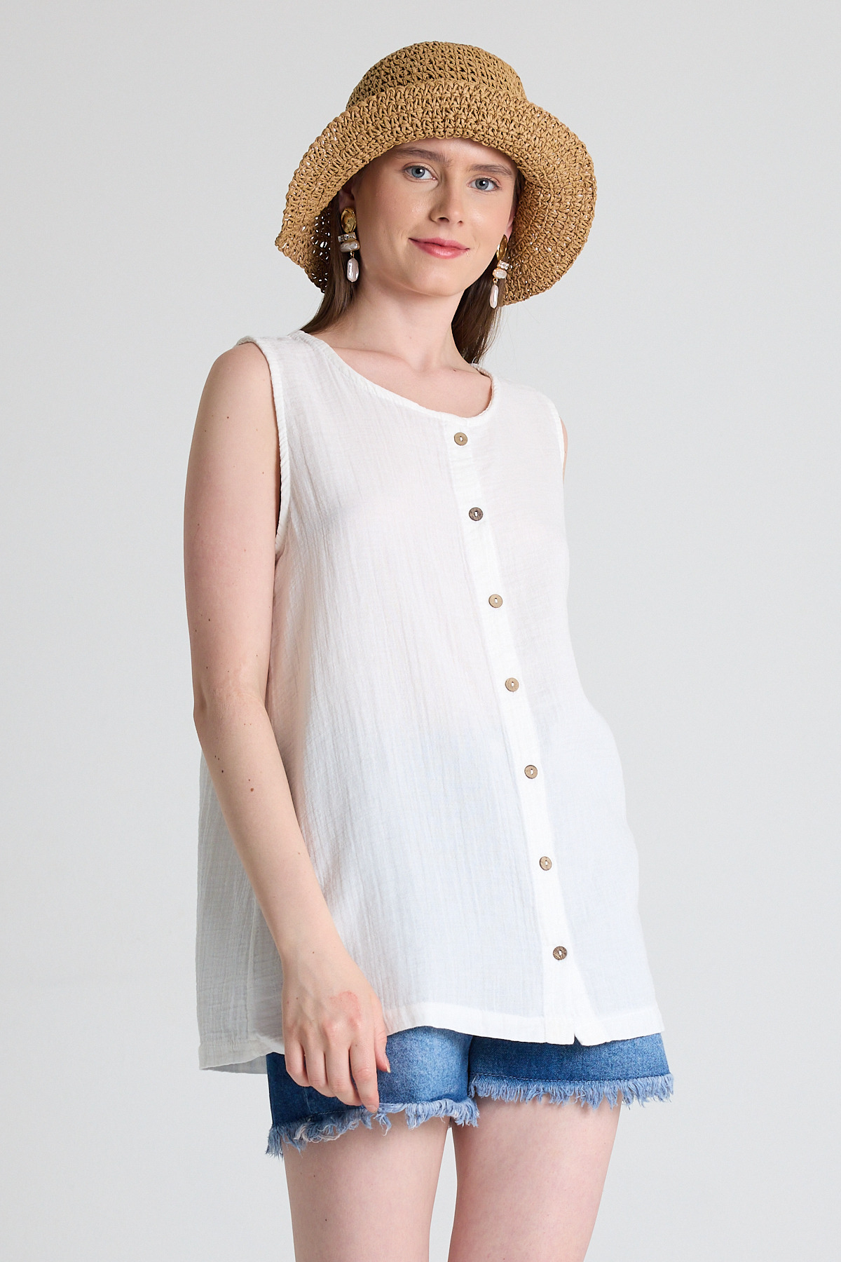 Beyaz Keten Görünümlü %100 Pamuk Düğmeli Kolsuz Bluz 4808A - 6