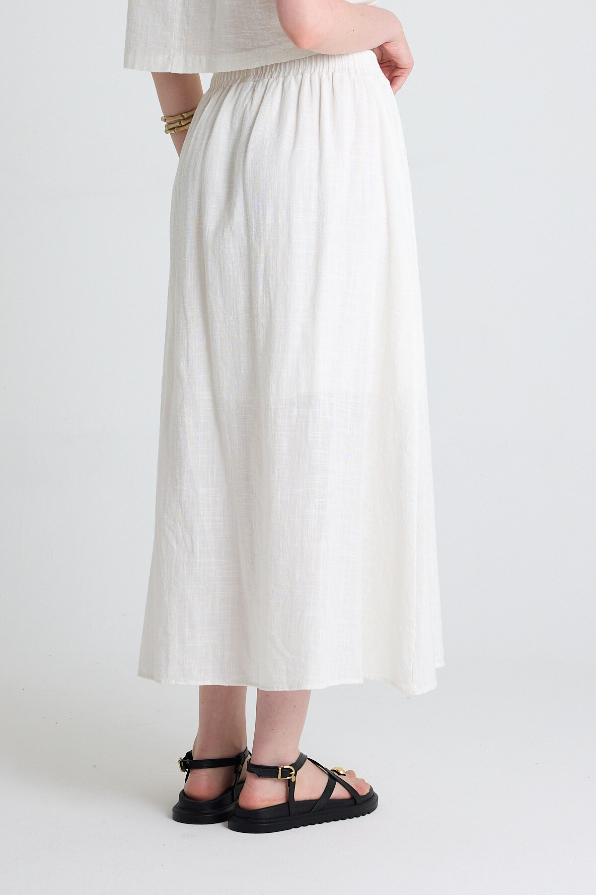 Beyaz Keten Görünümlü %100 Pamuk Düğmeli Midi Etek 3419 - 6
