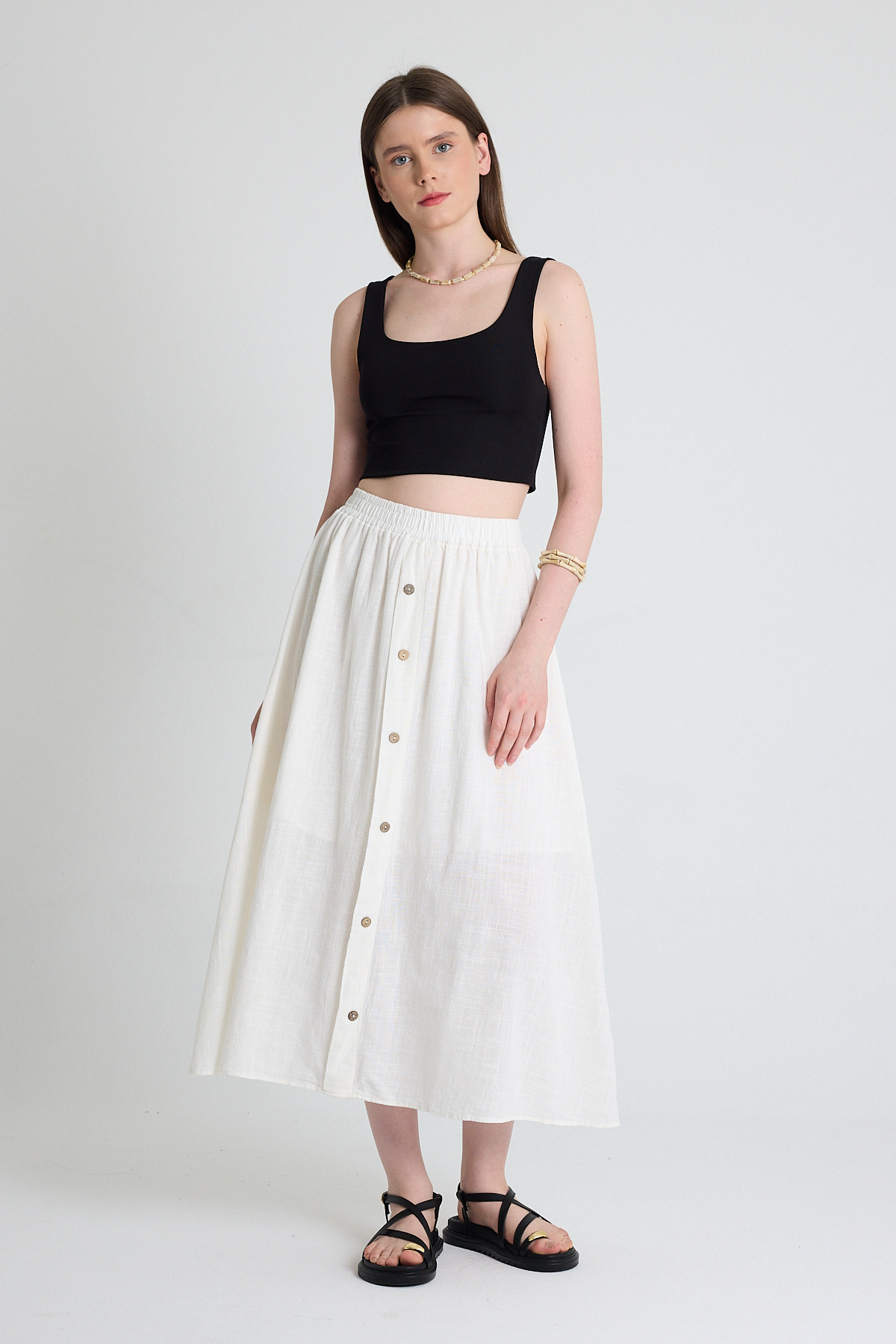 Beyaz Keten Görünümlü %100 Pamuk Düğmeli Midi Etek 3419 - 1