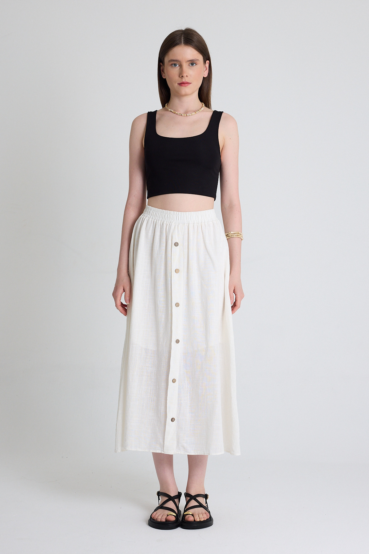 Beyaz Keten Görünümlü %100 Pamuk Düğmeli Midi Etek 3419 - 2