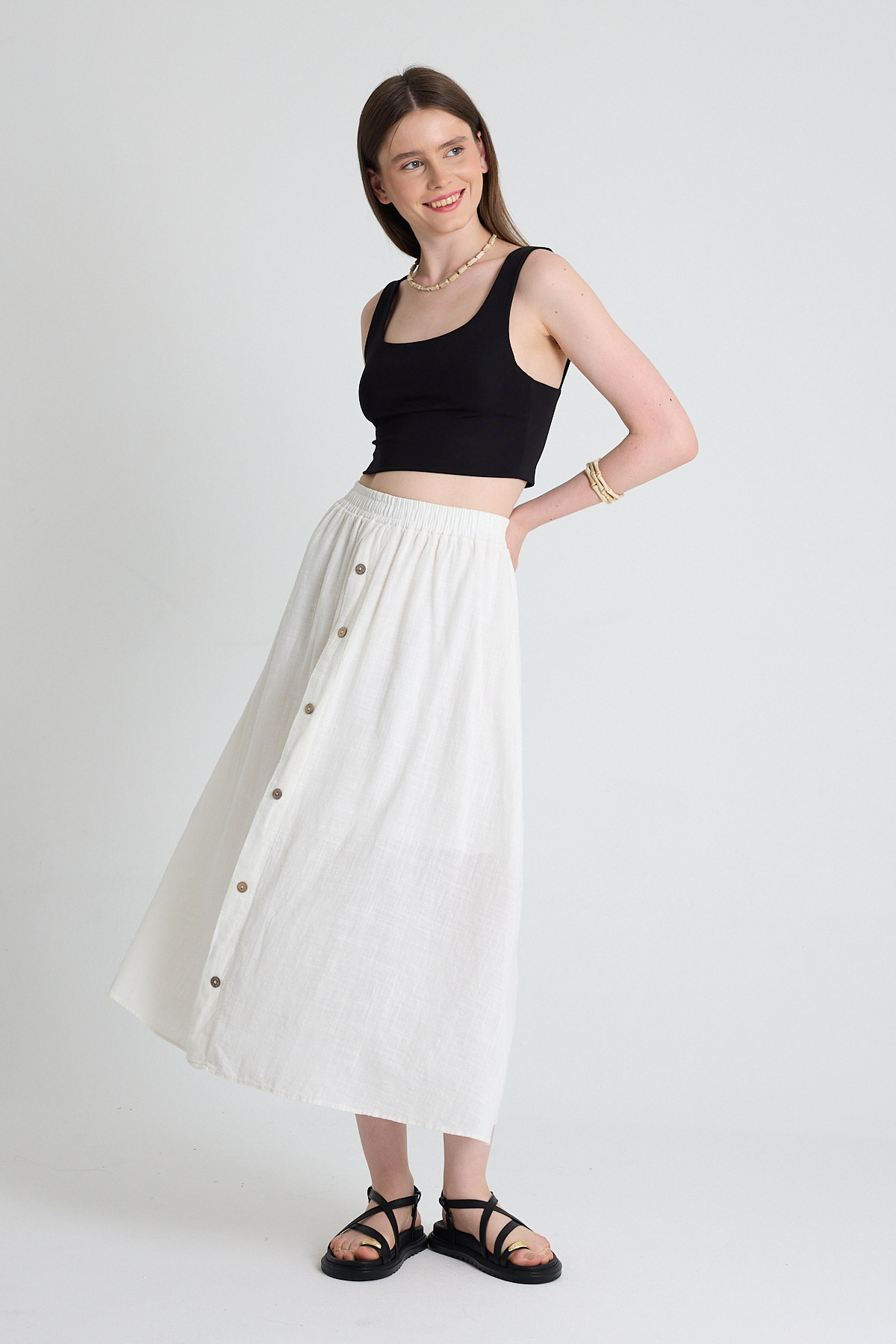 Beyaz Keten Görünümlü %100 Pamuk Düğmeli Midi Etek 3419 - 3