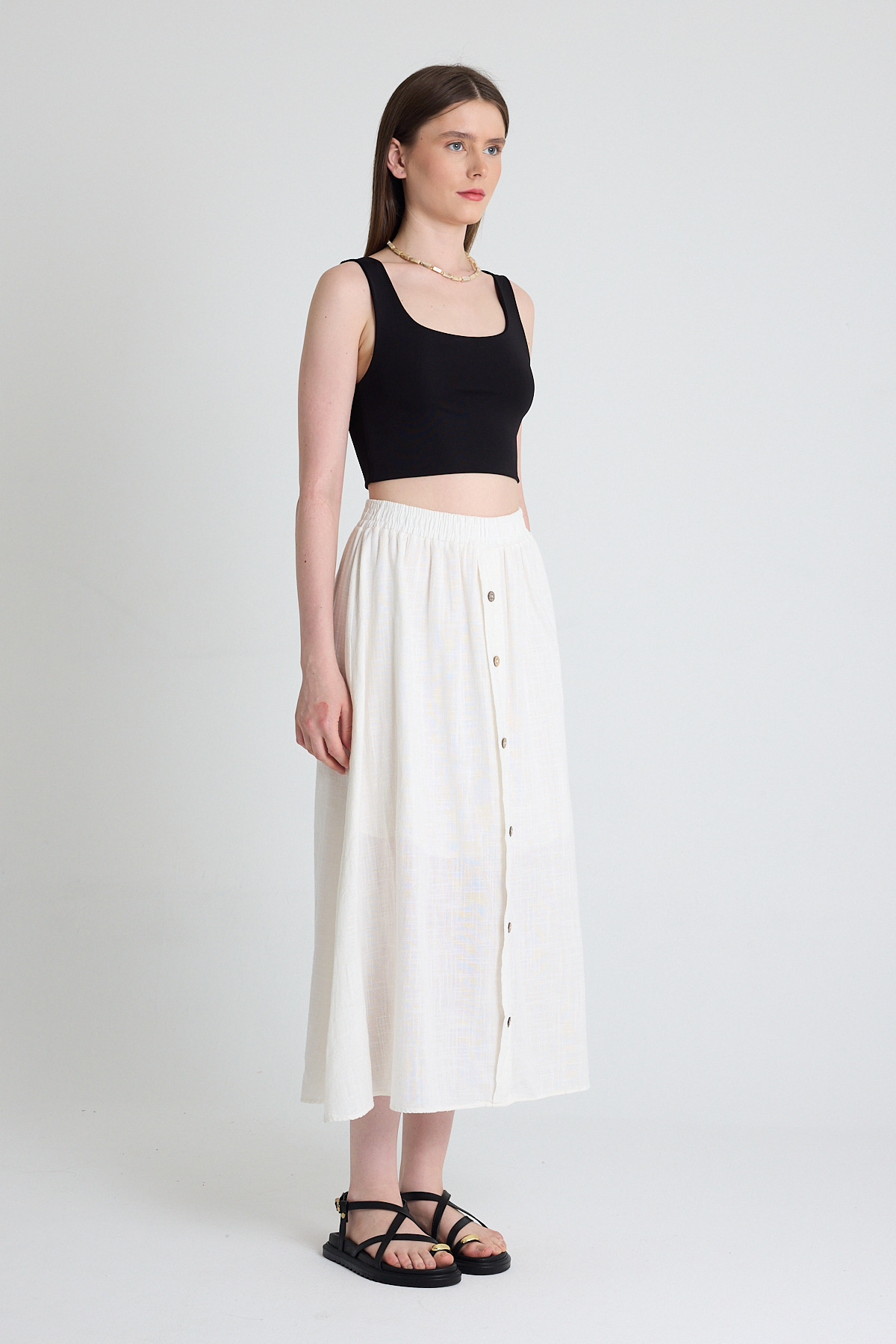 Beyaz Keten Görünümlü %100 Pamuk Düğmeli Midi Etek 3419 - 4