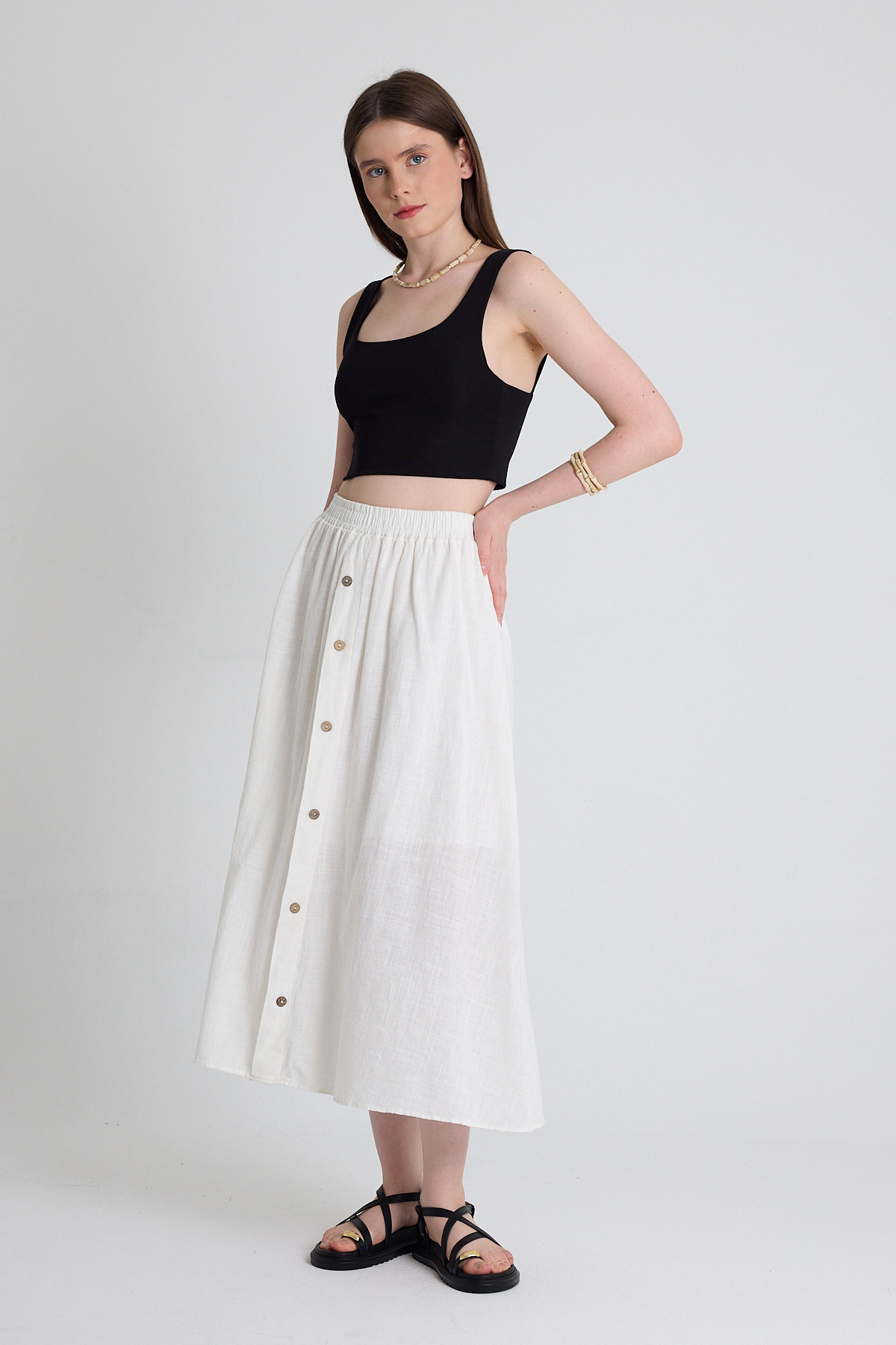 Beyaz Keten Görünümlü %100 Pamuk Düğmeli Midi Etek 3419 - 5