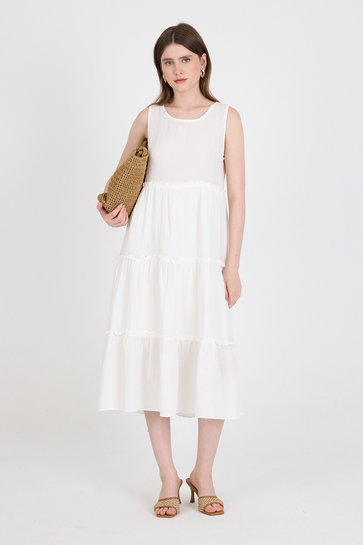 Beyaz Keten Görünümlü %100 Pamuk Fırfır Detaylı Kolsuz Midi Elbise 4738A - 6