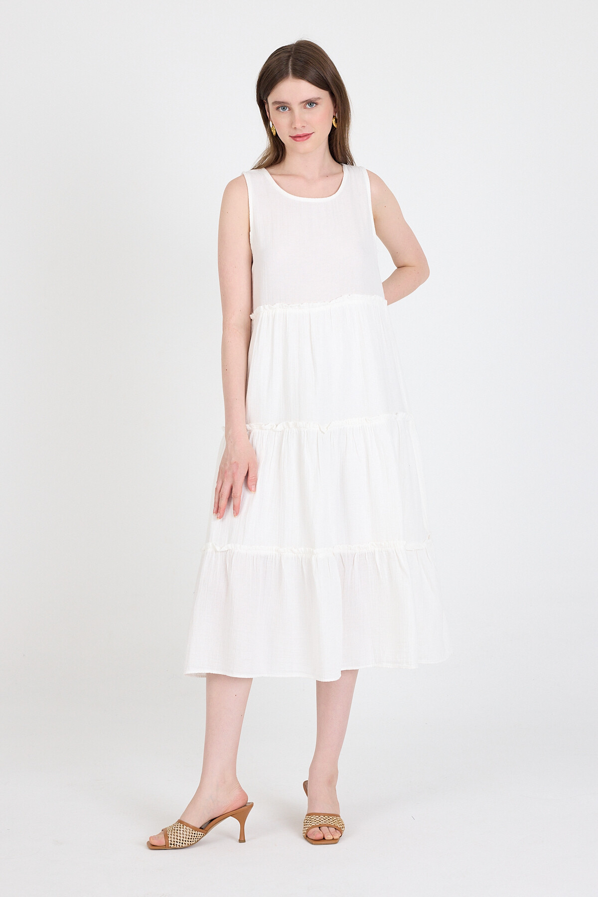 Beyaz Keten Görünümlü %100 Pamuk Fırfır Detaylı Kolsuz Midi Elbise 4738A - 7