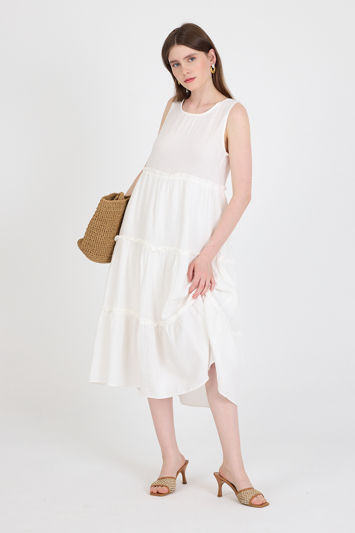 Beyaz Keten Görünümlü %100 Pamuk Fırfır Detaylı Kolsuz Midi Elbise 4738A 