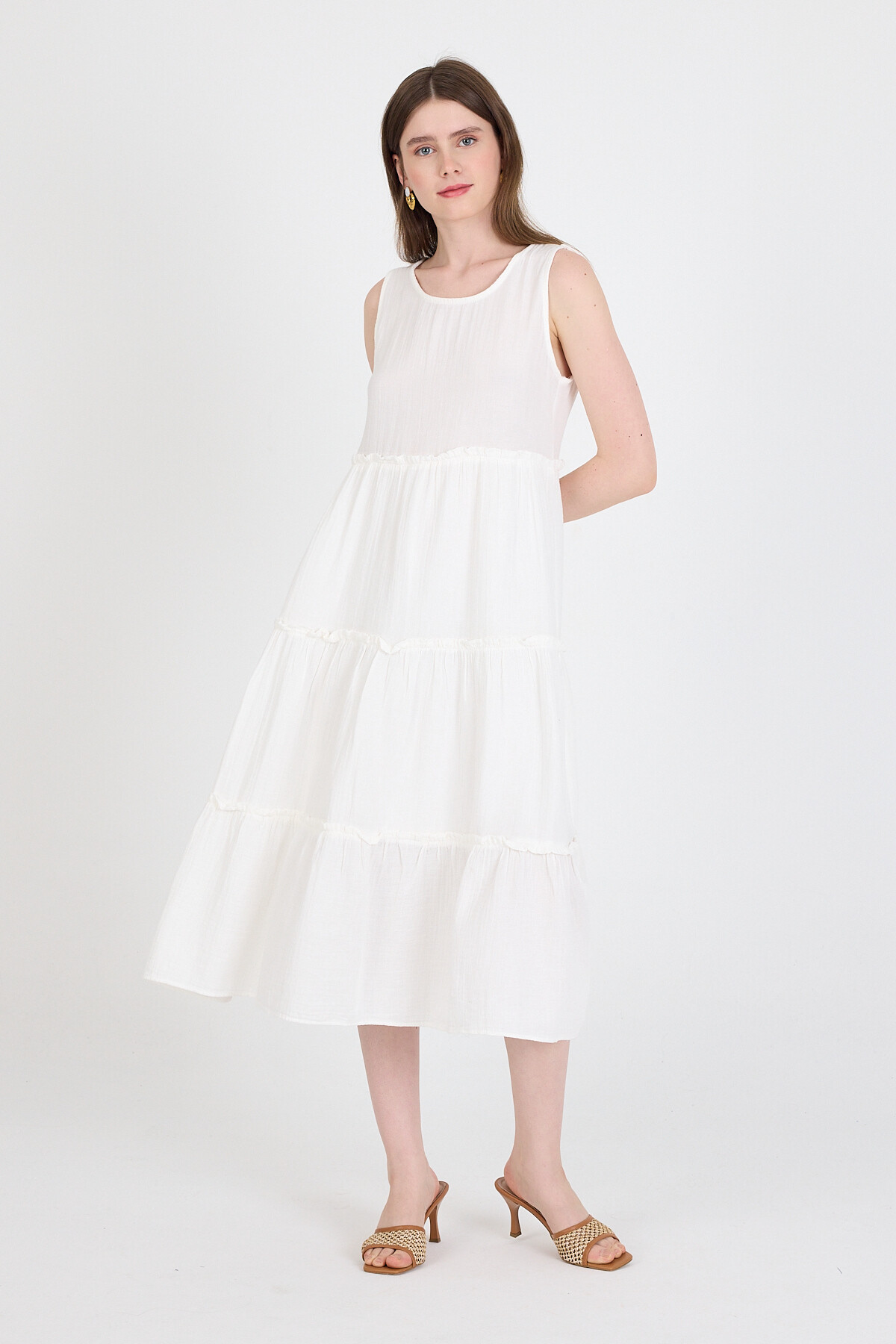 Beyaz Keten Görünümlü %100 Pamuk Fırfır Detaylı Kolsuz Midi Elbise 4738A - 2