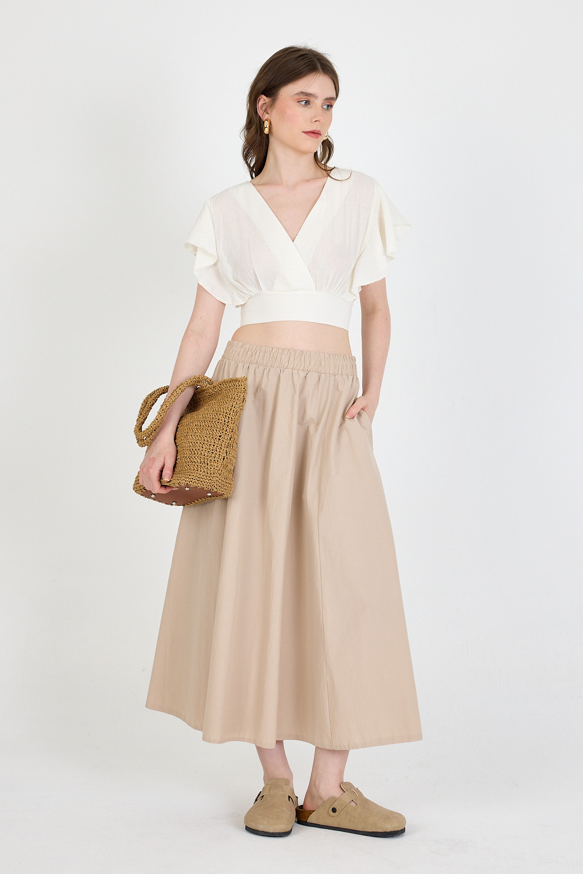 Beyaz Keten Görünümlü %100 Pamuk Fırfır Kol Detaylı Crop Bluz 6942 - RAYS