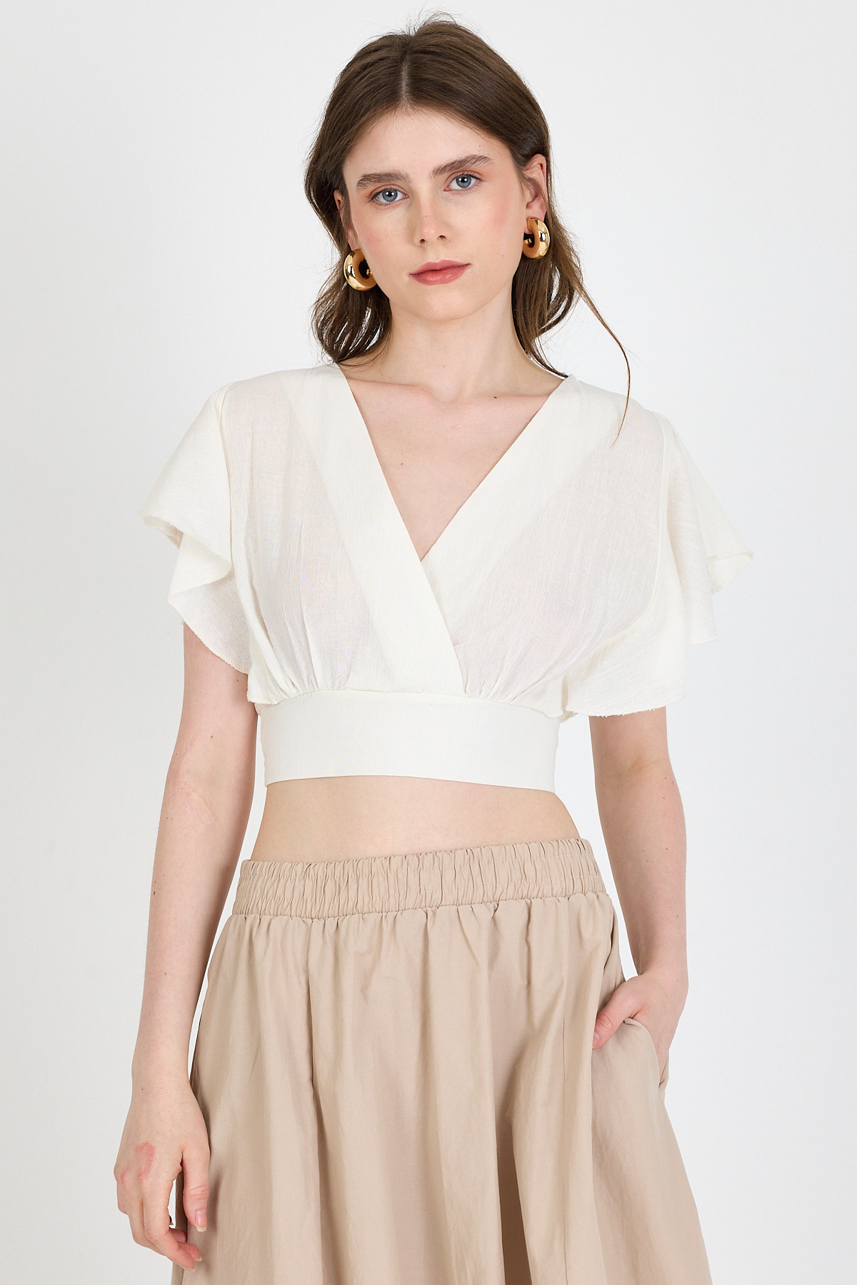 Beyaz Keten Görünümlü %100 Pamuk Fırfır Kol Detaylı Crop Bluz 6942 - 6