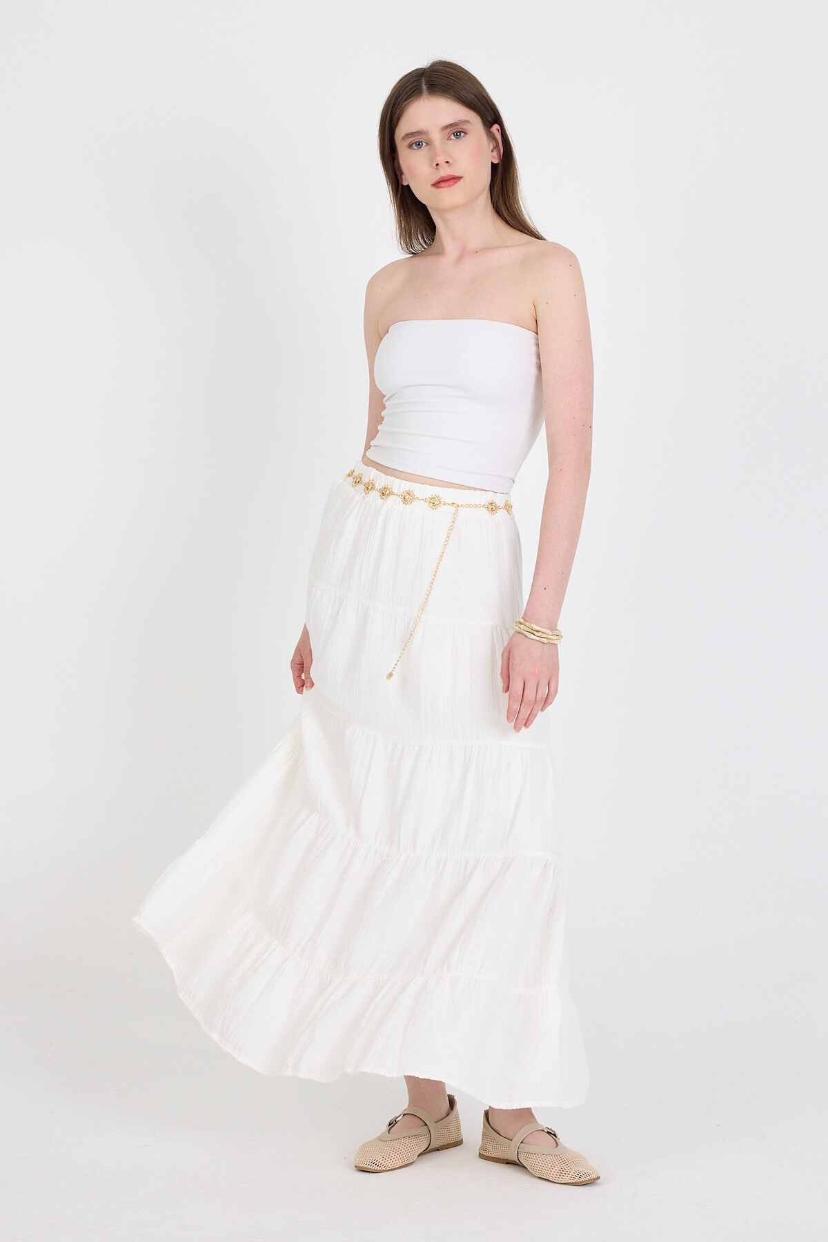 Beyaz Keten Görünümlü %100 Pamuk Kat Kat Uzun Etek 4801A - RAYS