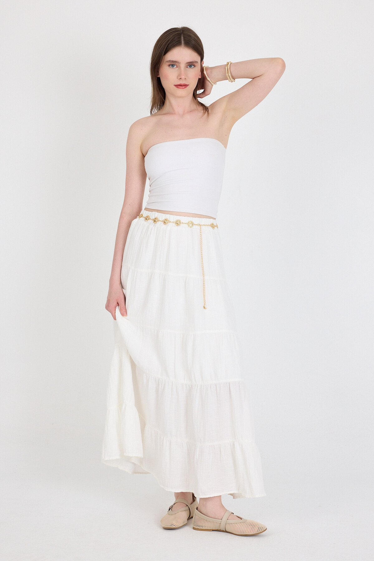 Beyaz Keten Görünümlü %100 Pamuk Kat Kat Uzun Etek 4801A 