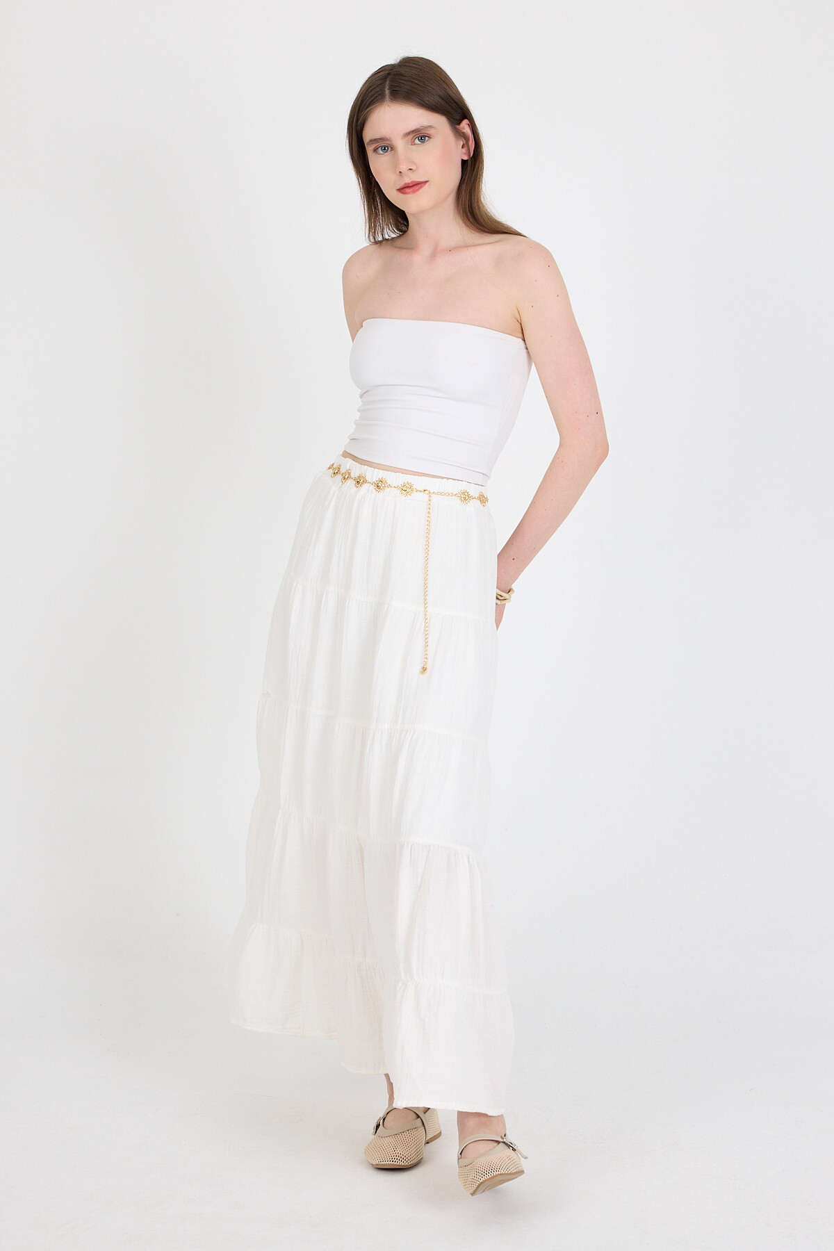 Beyaz Keten Görünümlü %100 Pamuk Kat Kat Uzun Etek 4801A - 5