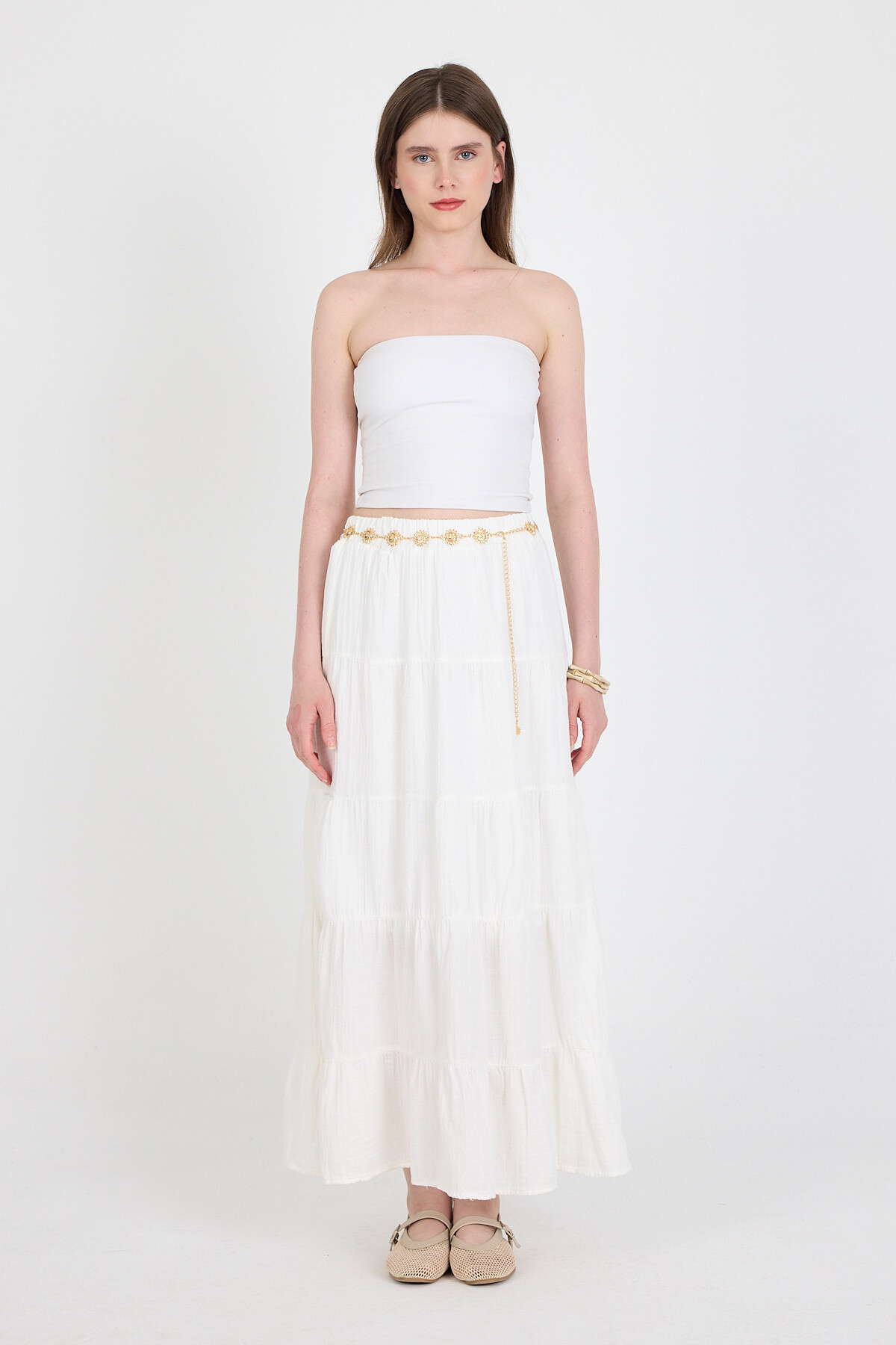 Beyaz Keten Görünümlü %100 Pamuk Kat Kat Uzun Etek 4801A - RAYS