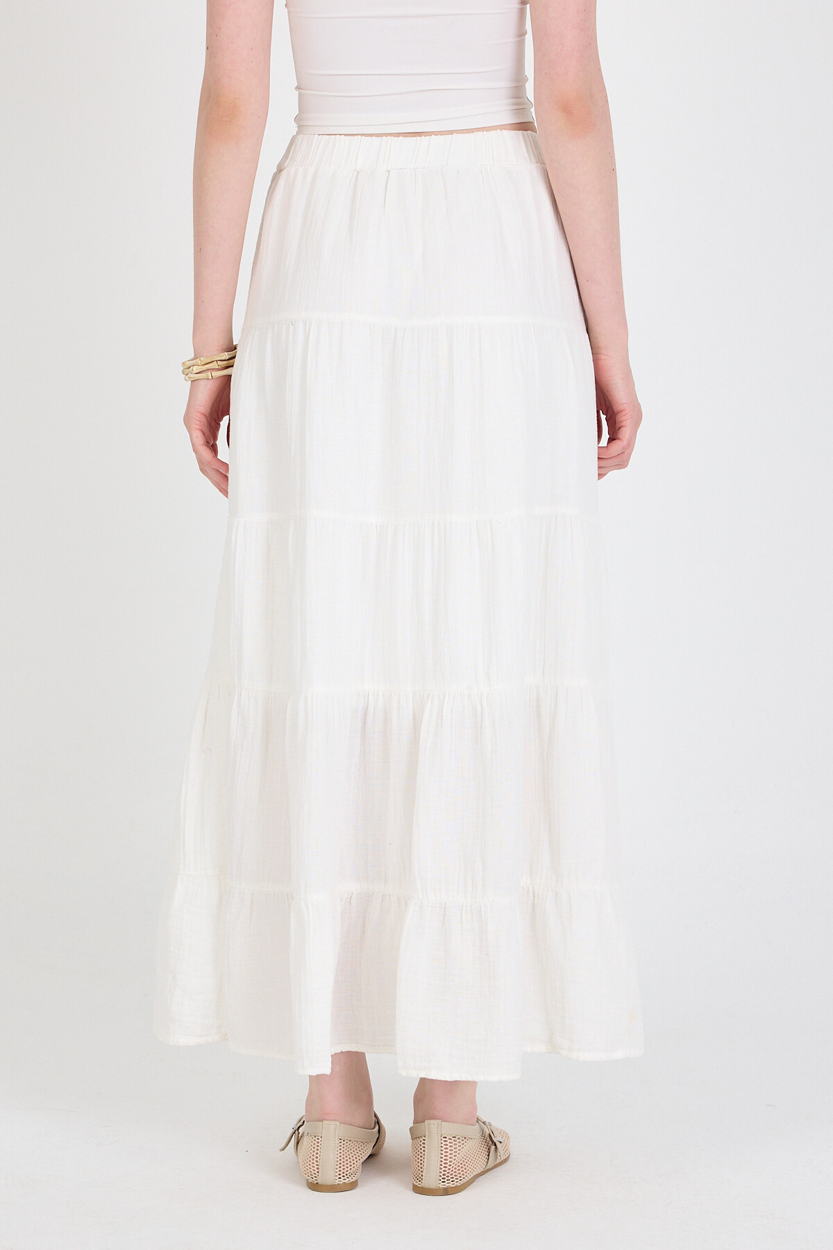 Beyaz Keten Görünümlü %100 Pamuk Kat Kat Uzun Etek 4801A - 4