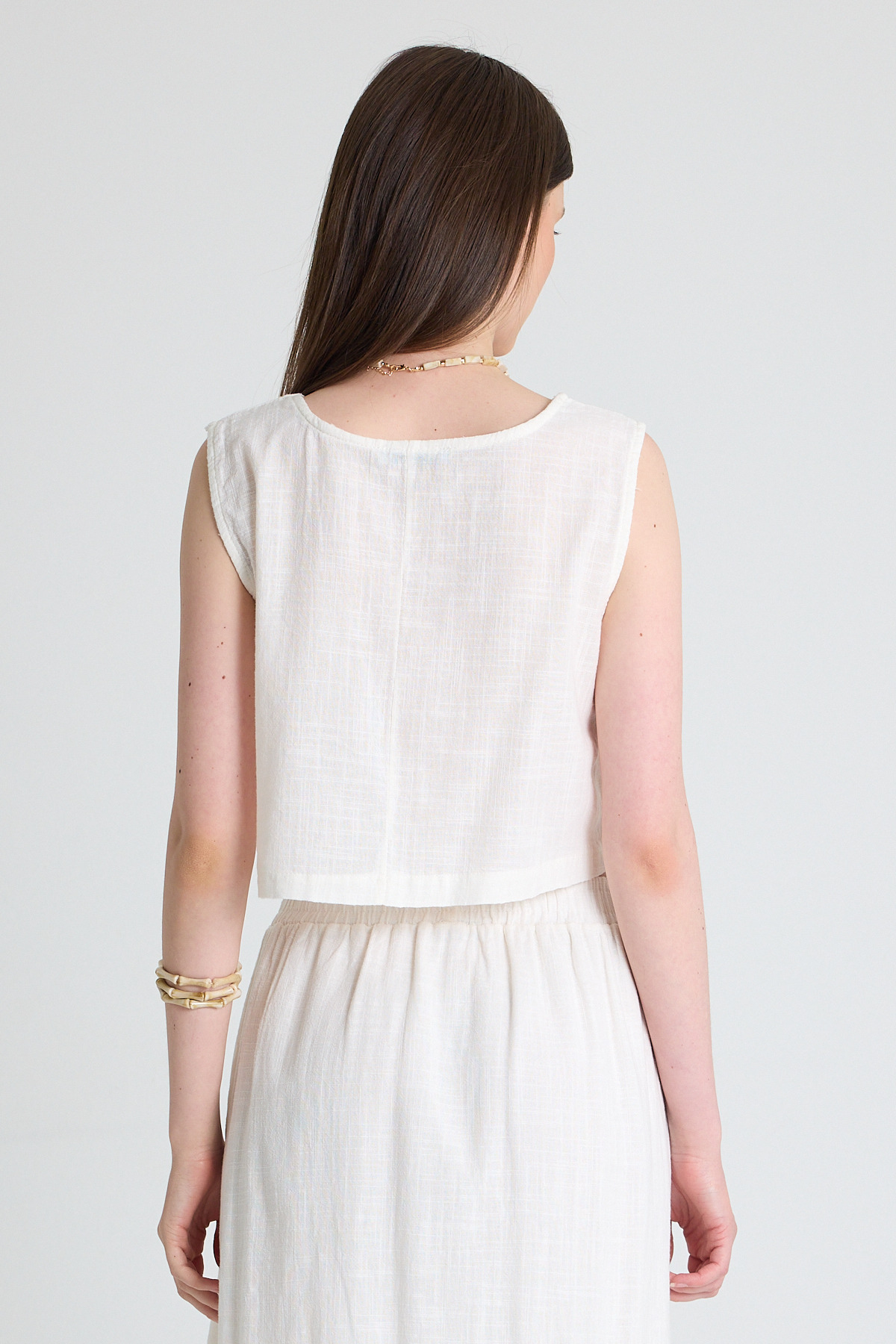 Beyaz Keten Görünümlü %100 Pamuk Kolsuz Crop Bluz 3419-1 - 5