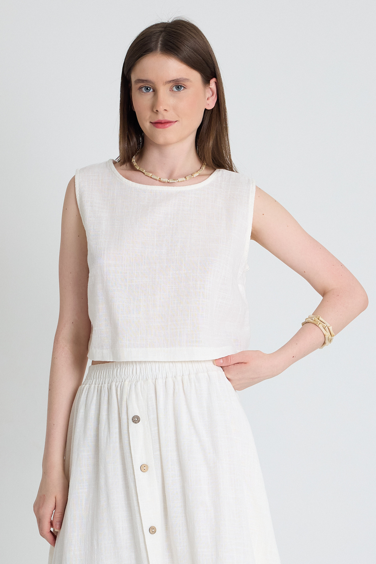 Beyaz Keten Görünümlü %100 Pamuk Kolsuz Crop Bluz 3419-1 - 6