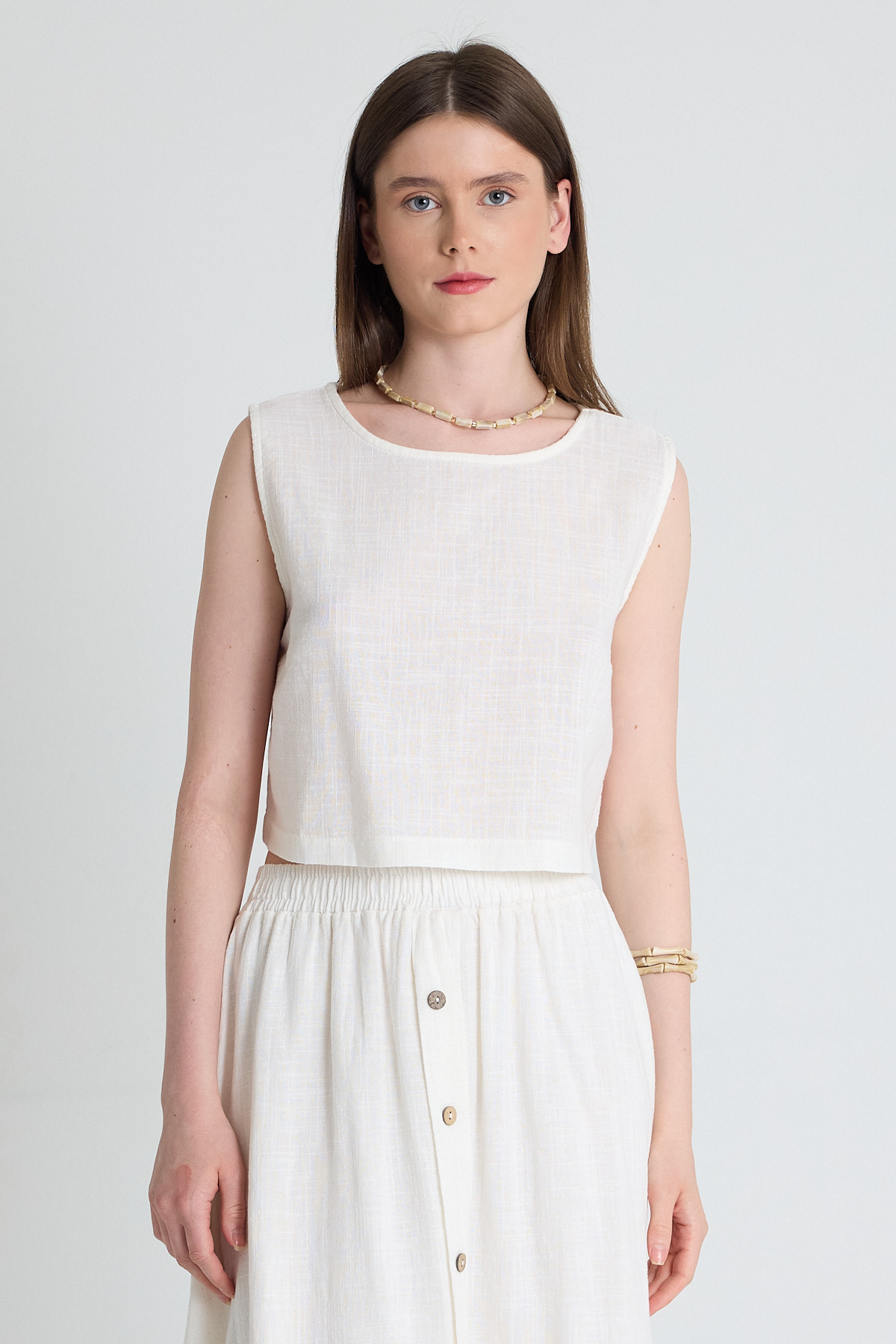 Beyaz Keten Görünümlü %100 Pamuk Kolsuz Crop Bluz 3419-1 - 2