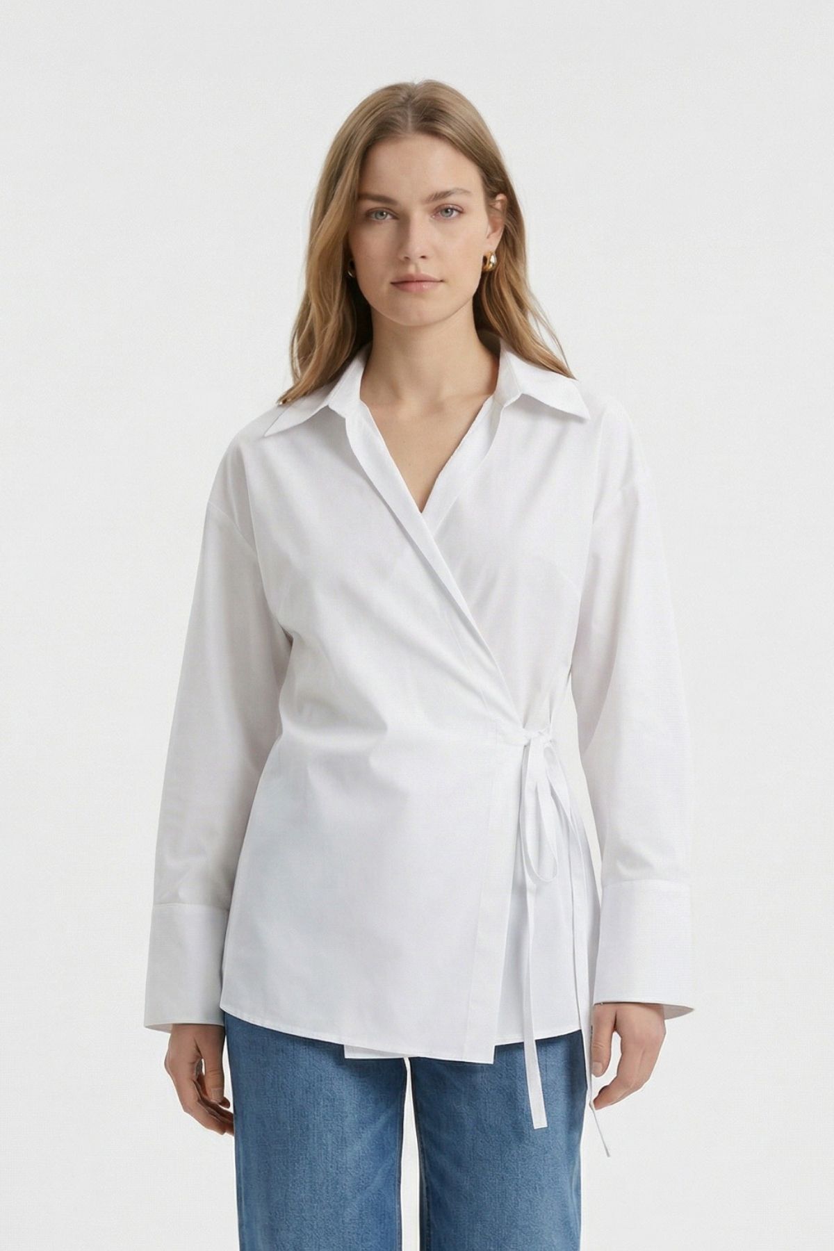 Beyaz Kol Yırtmaçlı Yandan Bağlamalı Gömlek 5257 - RAYS