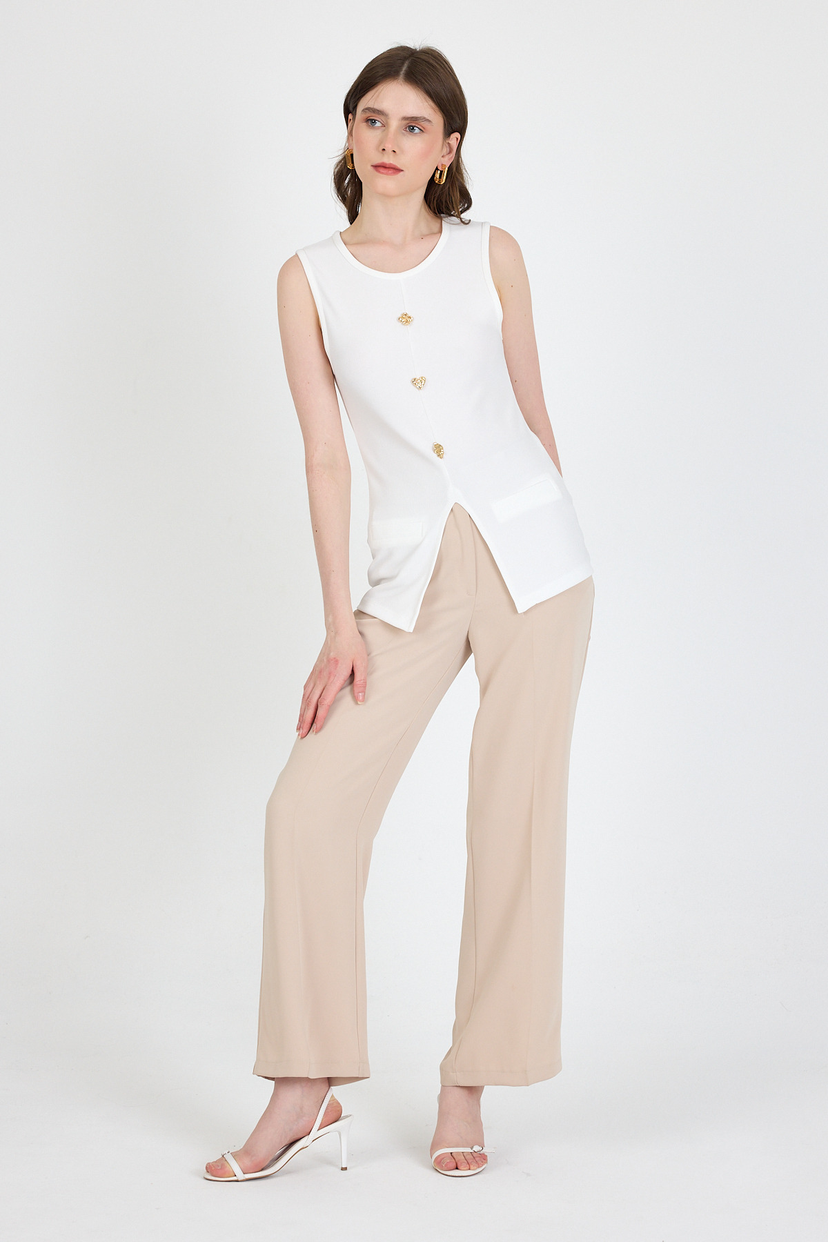 Beyaz Kolsuz Düğme Detaylı Cep Detaylı Bluz 017 - 6