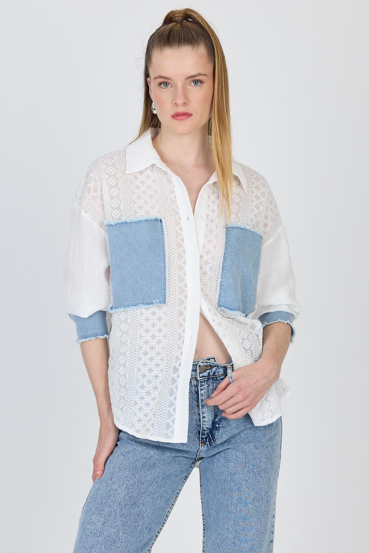 Beyaz Kot Garnilli Dantelli Gömlek 1413 - RAYS