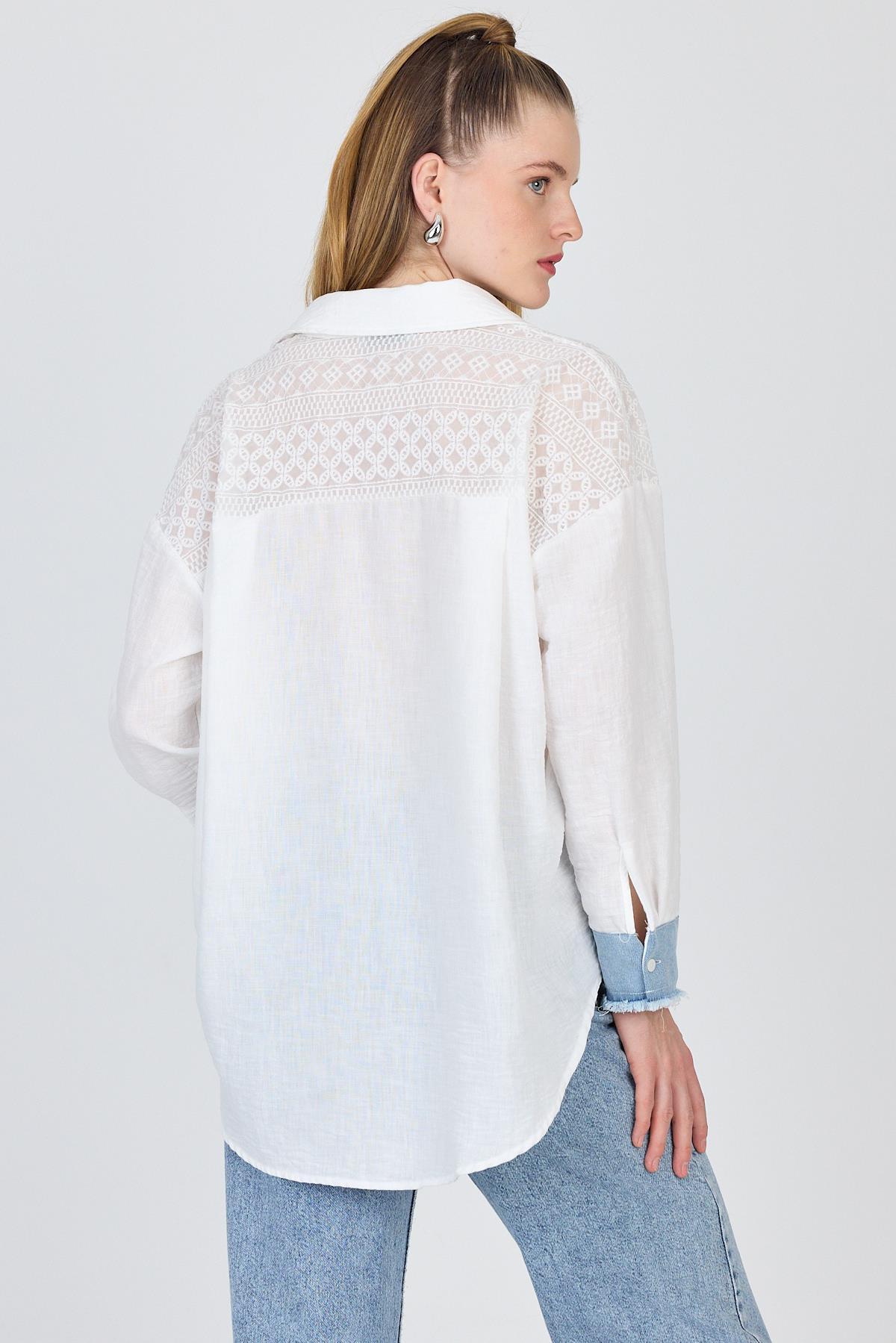 Beyaz Kot Garnilli Dantelli Gömlek 1413 - 5