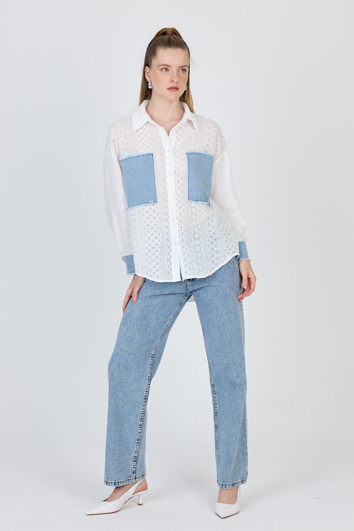 Beyaz Kot Garnilli Dantelli Gömlek 1413 - 8