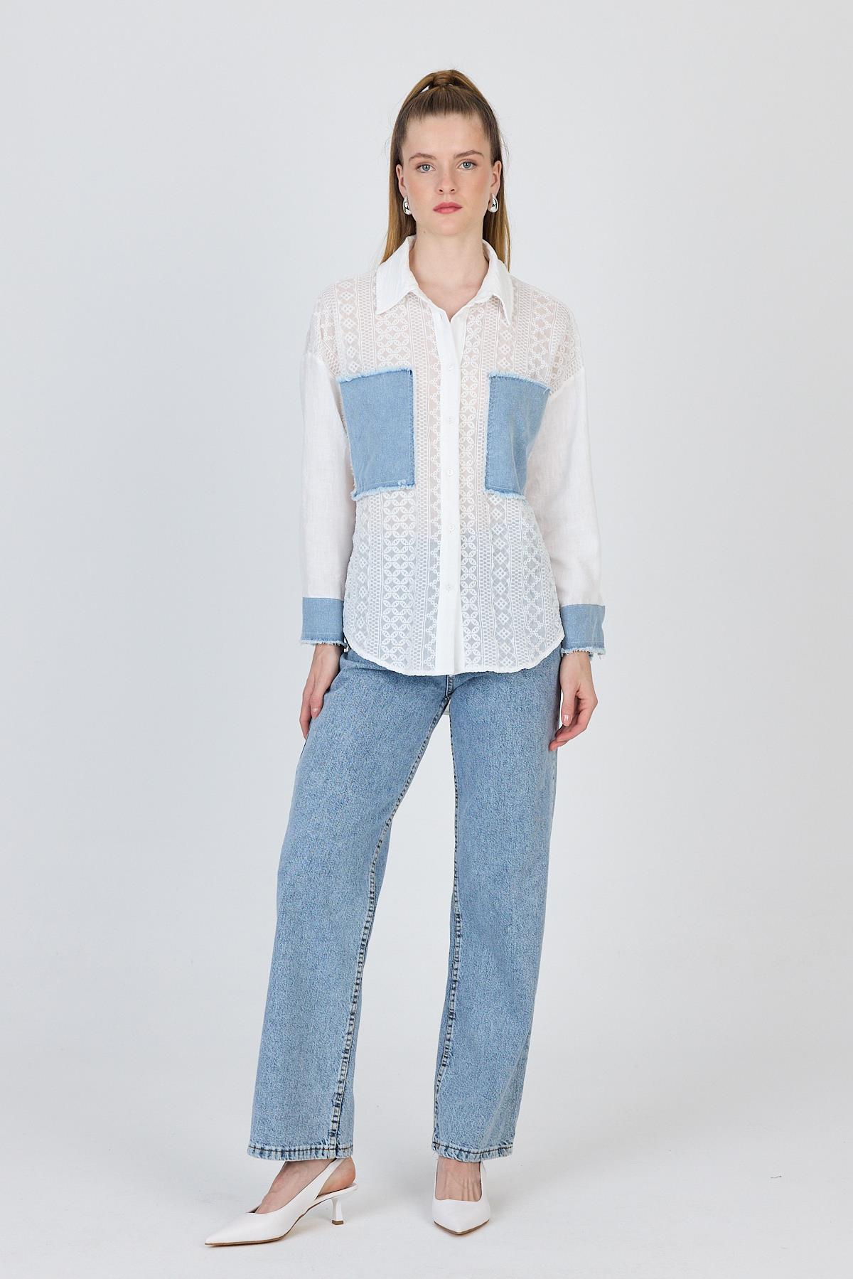 Beyaz Kot Garnilli Dantelli Gömlek 1413 - 3