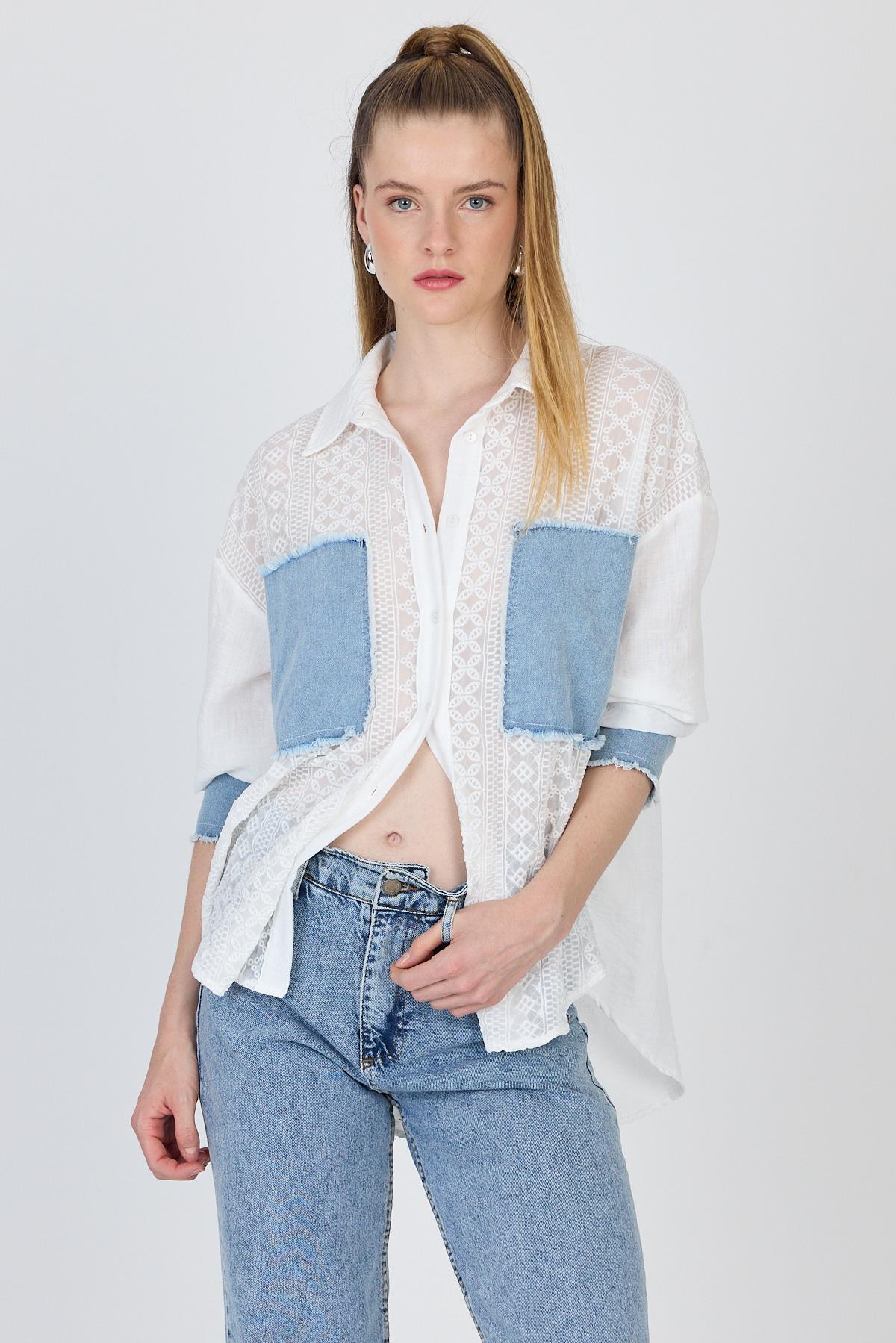 Beyaz Kot Garnilli Dantelli Gömlek 1413 - 6